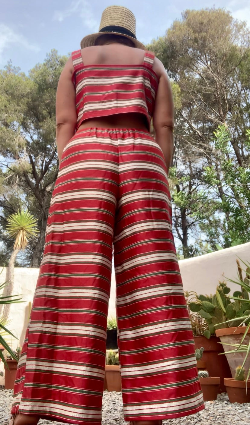 Vintage 1970’s curtain fabric with red and white striped design up-cycled 2 piece set crop top and wide leg trousers
