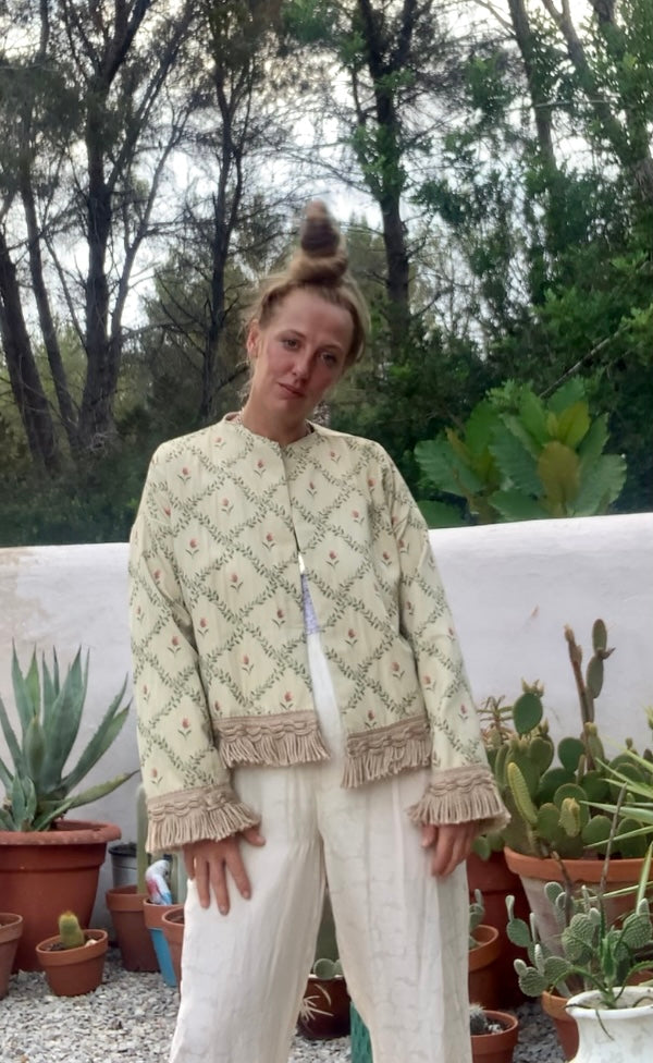 Vintage Up-cycled curtain jacket with floral detail on a woven cream fabric made by Vagabond Ibiza.