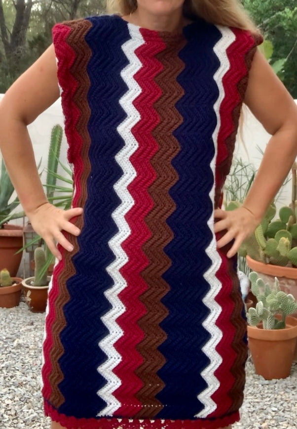 vintage wool and cotton hand made crochet jumper dress with short sleeves and zig zag design