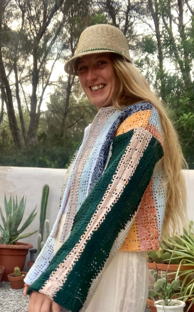 Up-cycled vintage crochet cropped jacket made by Vagabond Ibiza with pastel tones.