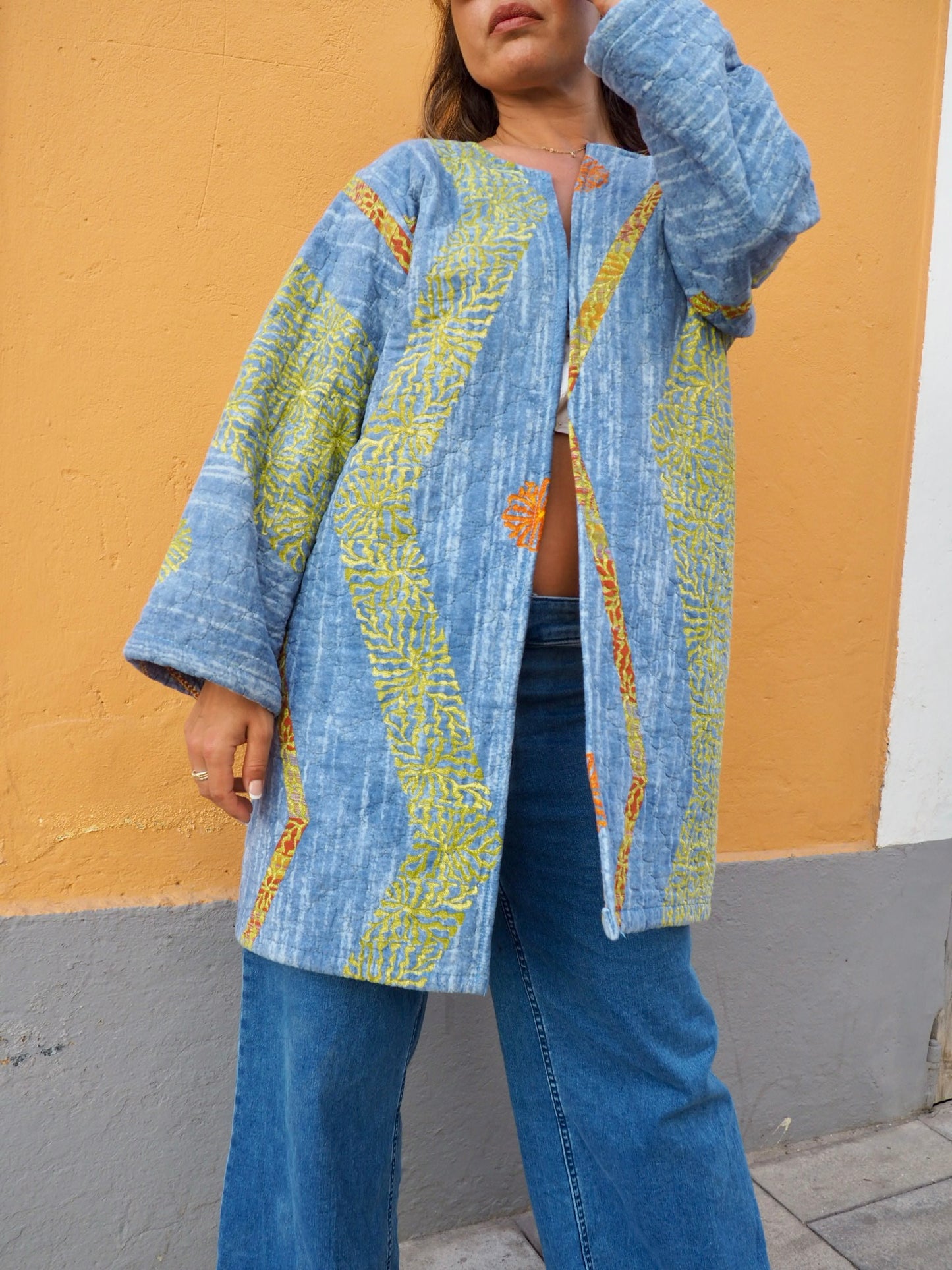 Vintage quilted blue patterned blanket jacket up-cycled by Vagabond Ibiza