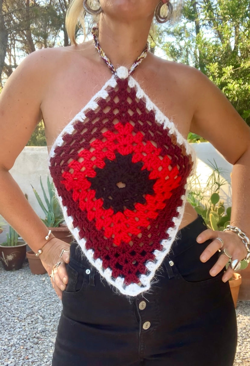 Vintage wool oversized granny square wool tie tops perfect for festivals party and summer time wear over a white shirt in winter