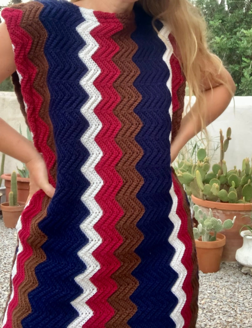 vintage wool and cotton hand made crochet jumper dress with short sleeves and zig zag design