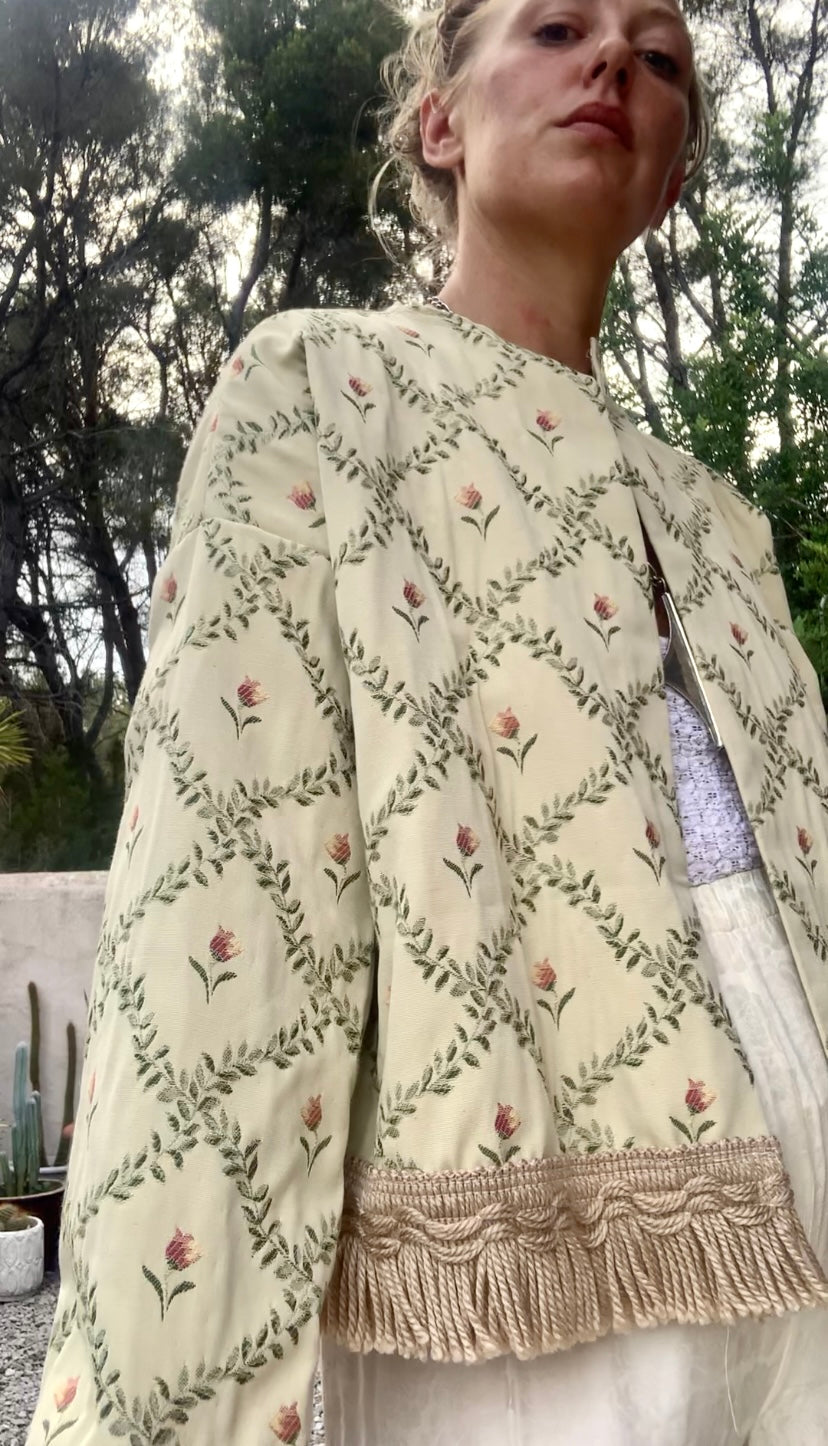 Vintage Up-cycled curtain jacket with floral detail on a woven cream fabric made by Vagabond Ibiza.