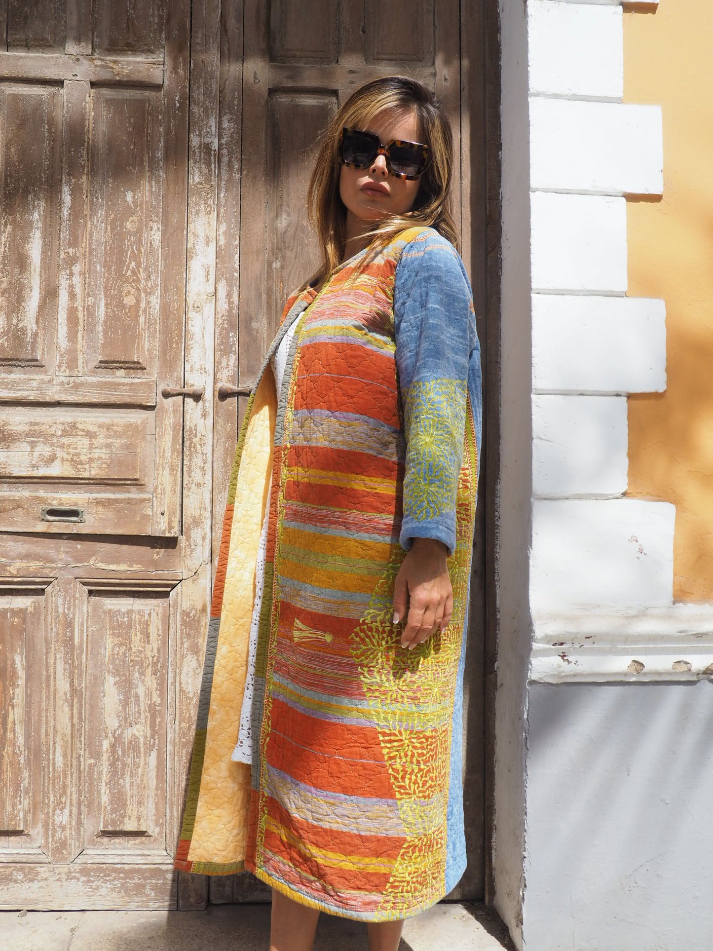 Vintage quilted blue and orange patterned long blanket jacket up-cycled by Vagabond Ibiza made in Ibiza one off a kind