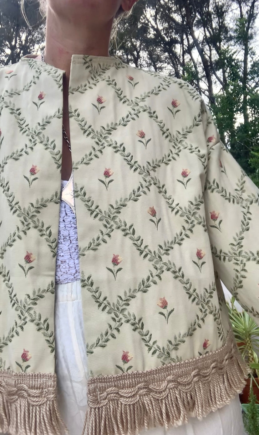 Vintage Up-cycled curtain jacket with floral detail on a woven cream fabric made by Vagabond Ibiza.