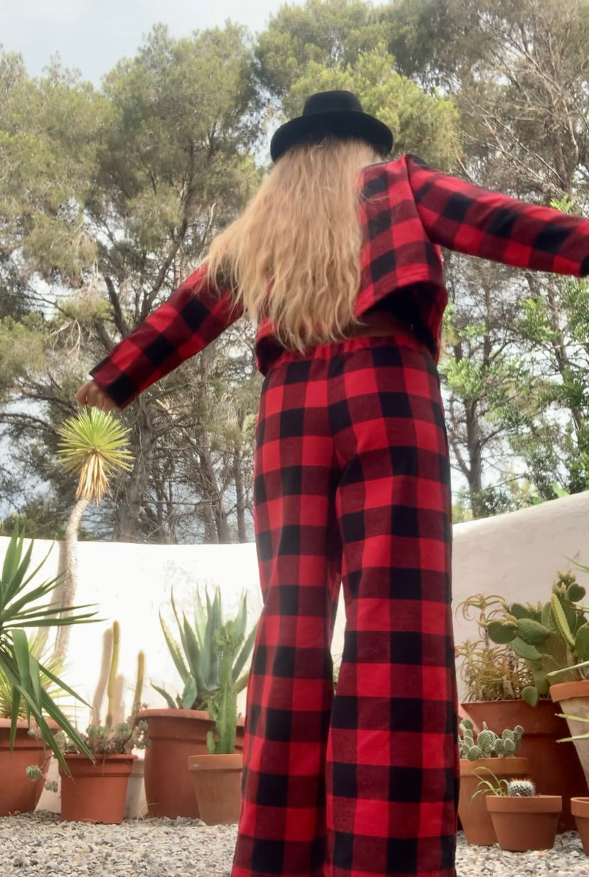 Red and black check vintage dead stock fabric Wide leg pants made by Vagabond Ibiza