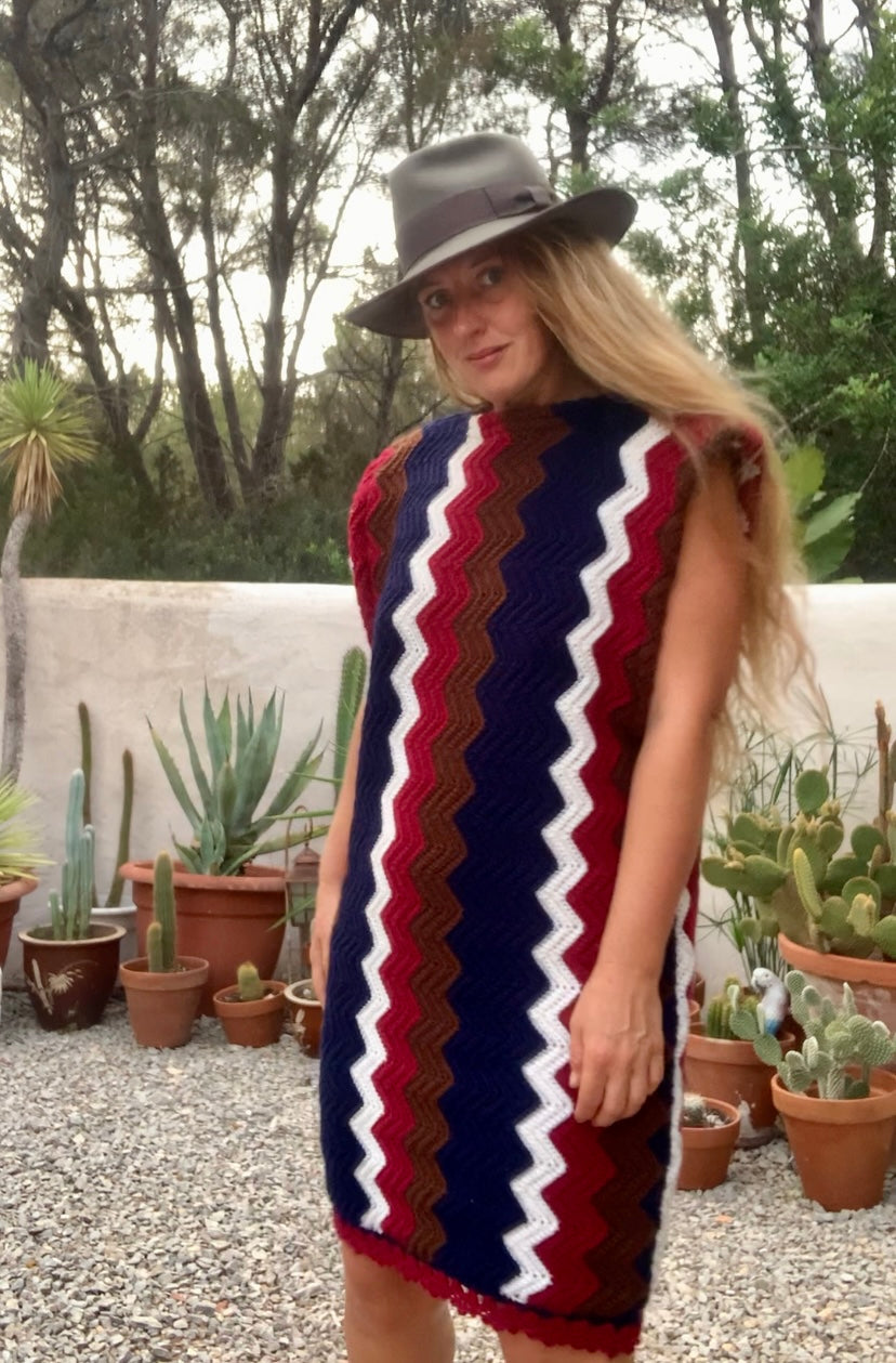 vintage wool and cotton hand made crochet jumper dress with short sleeves and zig zag design