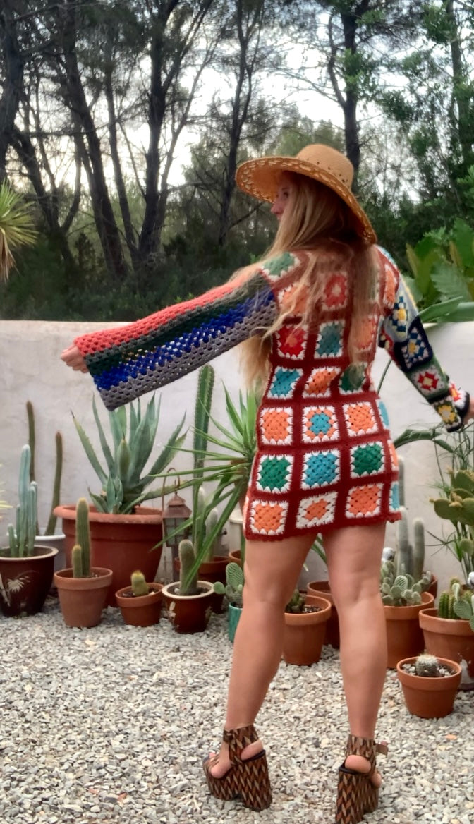 Vintage wool granny squared rainbow long sleeve shirt crochet jumper dress up-cycled by Vagabond Ibiza