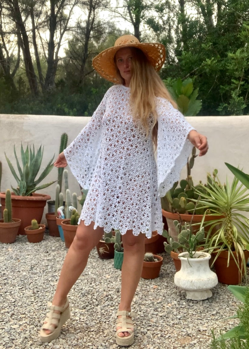 Very cool vintage white crochet oversized bell sleeve dress up-cycled by Vagabond Ibiza
