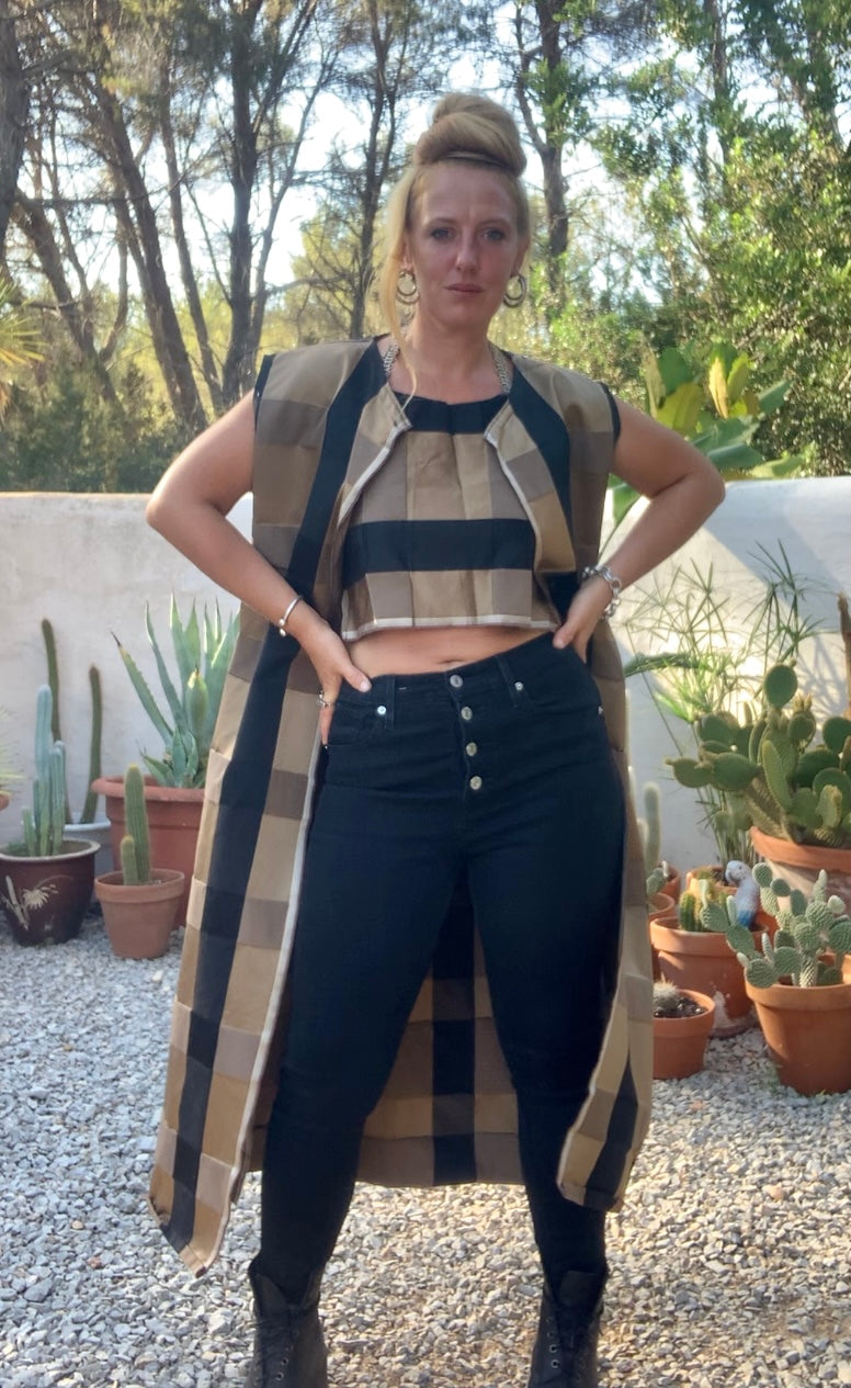 Vintage Zimmer & Rhodes textiles black and gold checked long waistcoat by Vagabond Ibiza