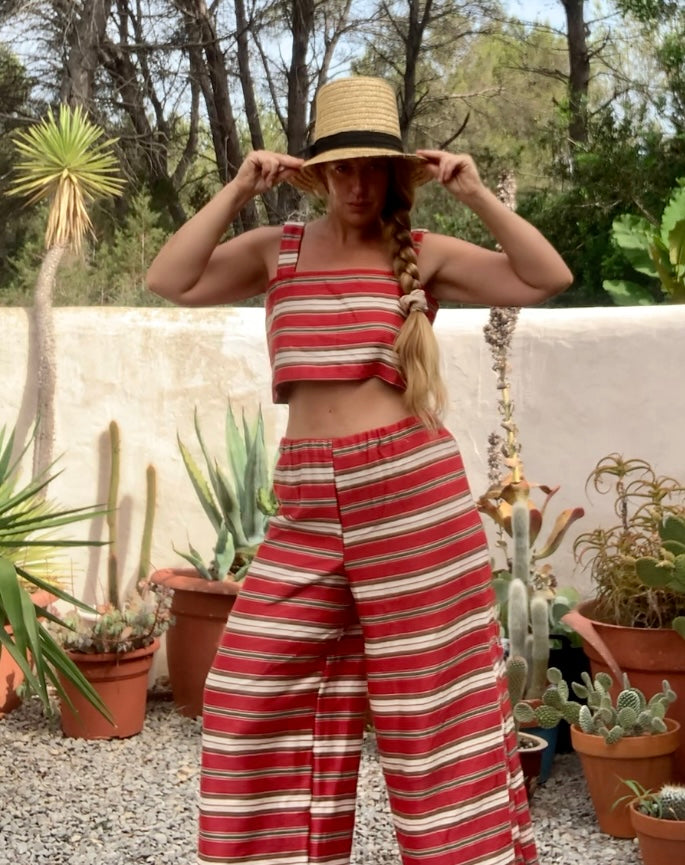 Vintage 1970’s curtain fabric with red and white striped design up-cycled 2 piece set crop top and wide leg trousers