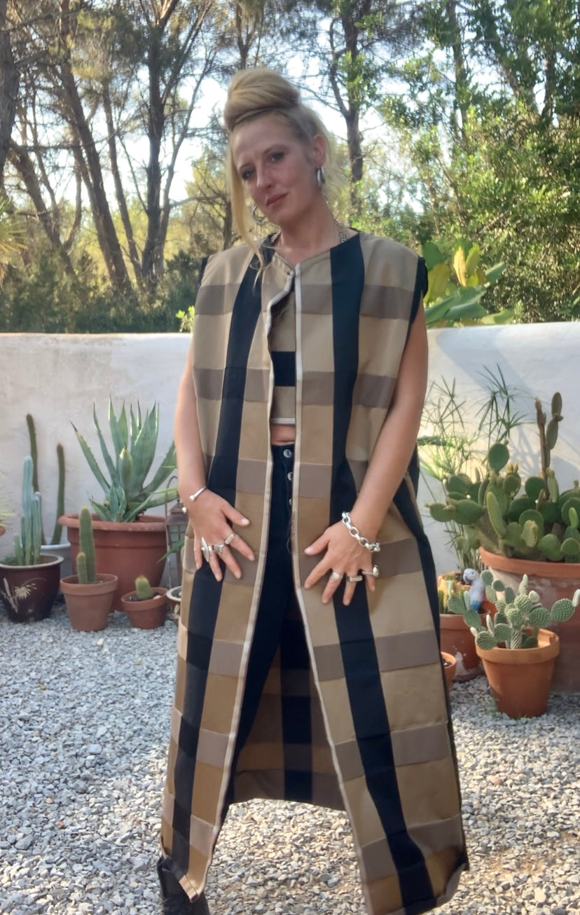 Vintage Zimmer & Rhodes textiles black and gold checked long waistcoat by Vagabond Ibiza