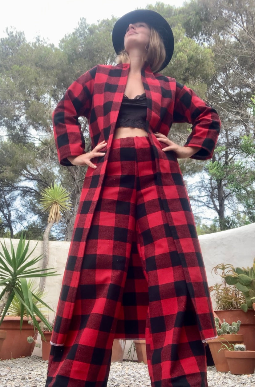 Red and black checked jacket made by Vagabond Ibiza from dead stock vintage textiles