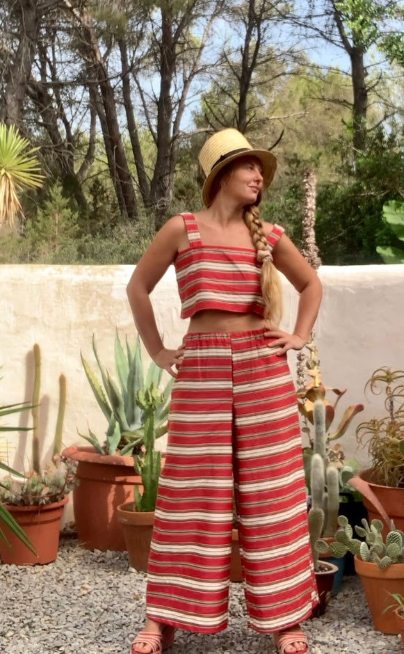 Vintage 1970’s curtain fabric with red and white striped design up-cycled 2 piece set crop top and wide leg trousers