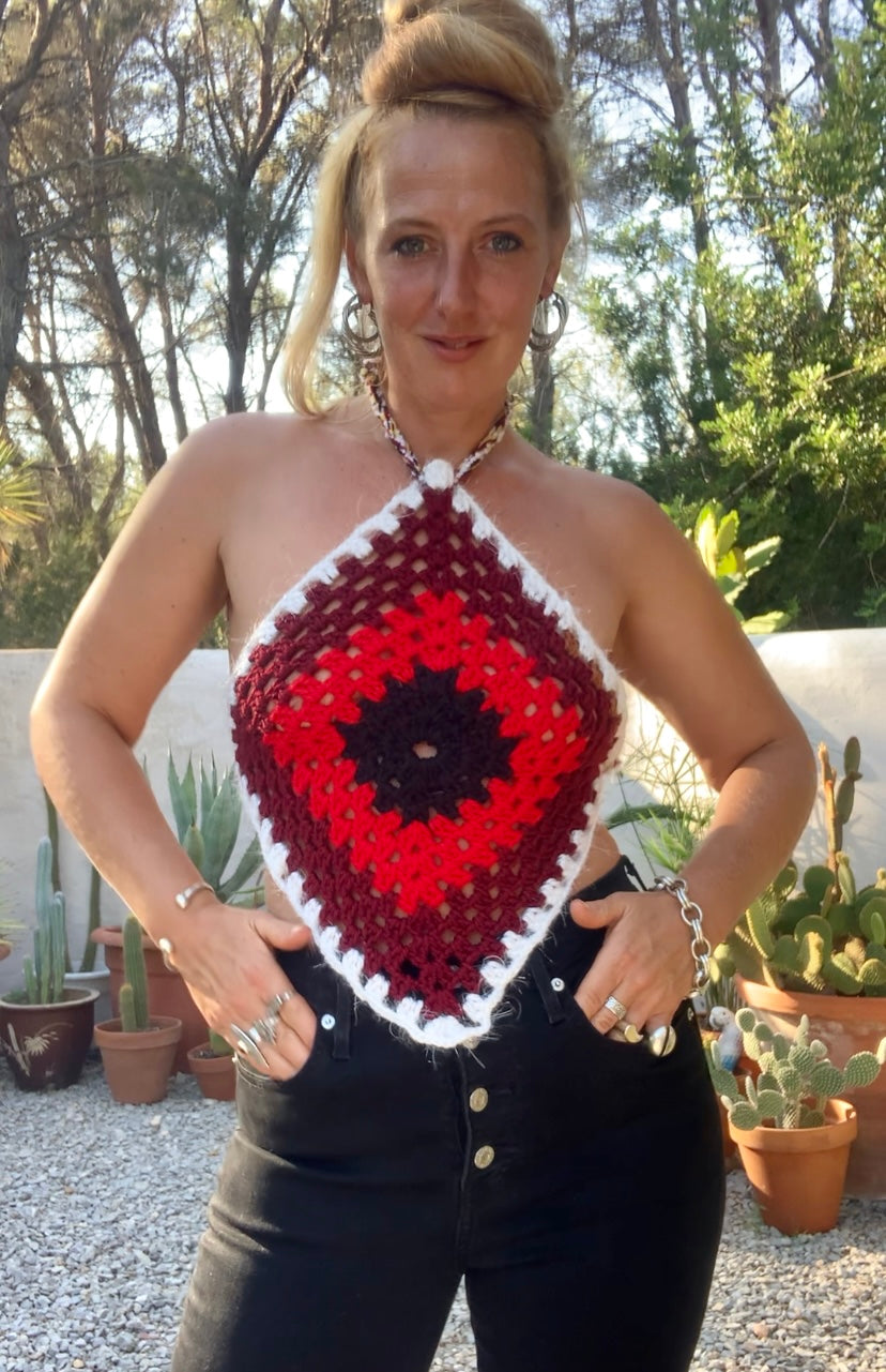 Vintage wool oversized granny square wool tie tops perfect for festivals party and summer time wear over a white shirt in winter