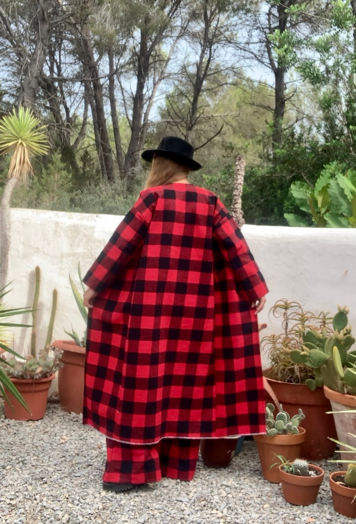 Red and black checked jacket made by Vagabond Ibiza from dead stock vintage textiles