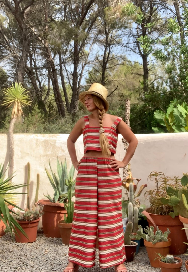 Vintage 1970’s curtain fabric with red and white striped design up-cycled 2 piece set crop top and wide leg trousers