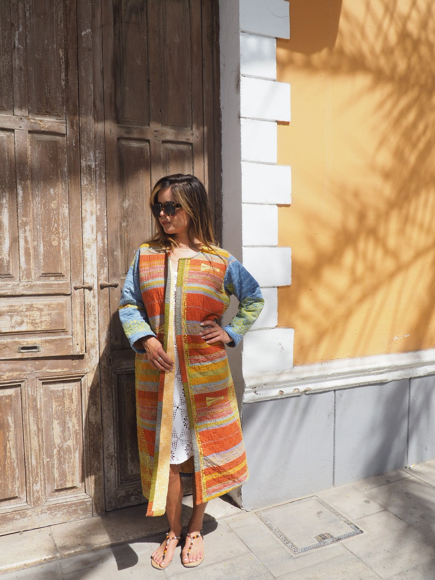 Vintage quilted blue and orange patterned long blanket jacket up-cycled by Vagabond Ibiza made in Ibiza one off a kind