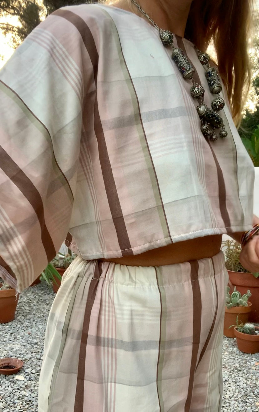 Vintage cotton pink and cream curtain fabric upcycled 2 piece set top and wide leg pants