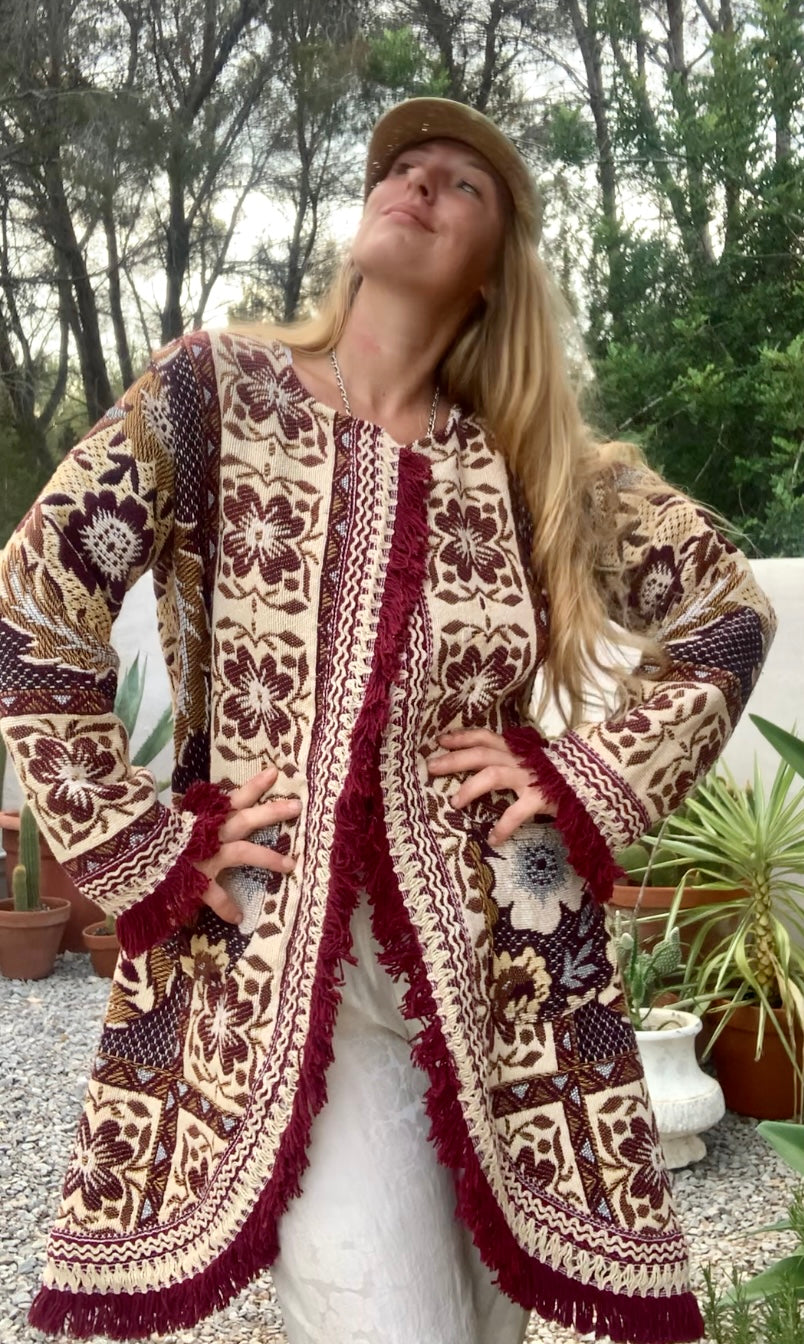 Up-cycled vintage blanket jackets by Vagabond Ibiza with a brown and cream woven outside textiles lined with patterns fleece