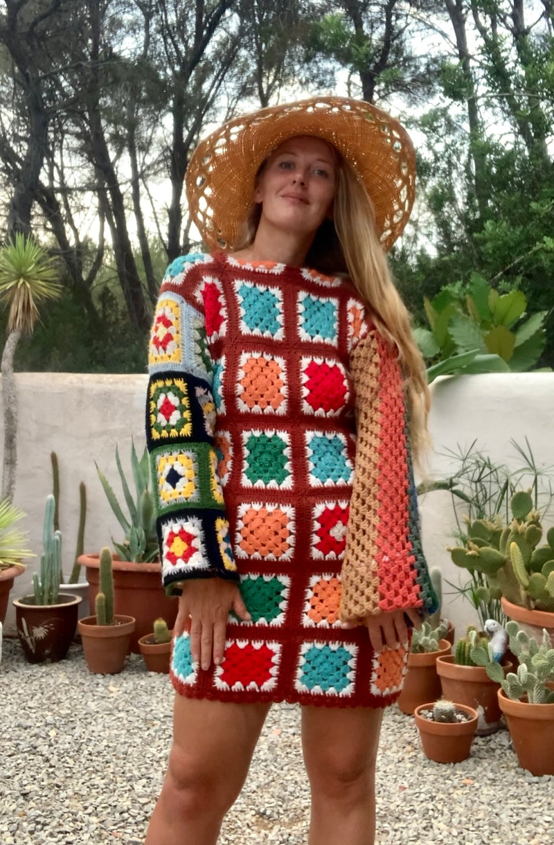 Vintage wool granny squared rainbow long sleeve shirt crochet jumper dress up-cycled by Vagabond Ibiza