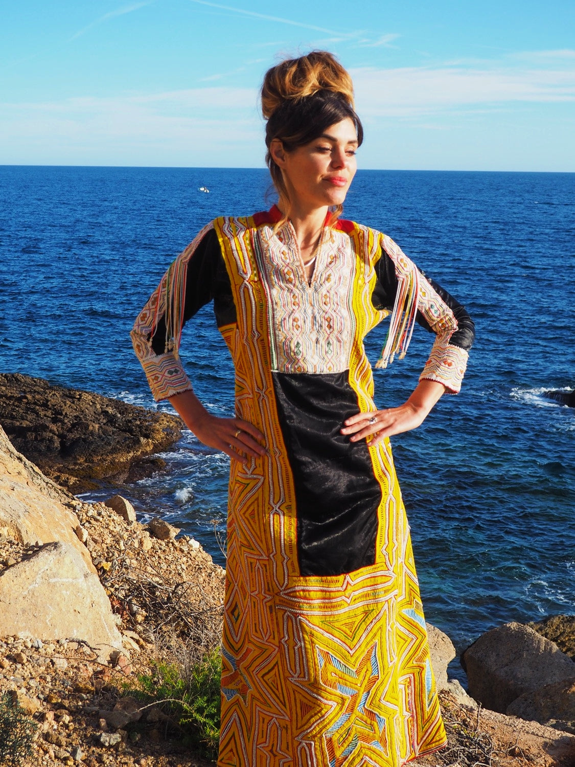 shop vintage online, affordable vintage clothing, vintage clothing store, vintage clothing brand, sustainable clothing brand, sustainable fashion, recycled fashion, slow fashion brand, recycled clothes, 70s vintage, bohemian vintage, affordable slow fashion, hippie boho, ethical fashion brand, embroidered dress, hand stitched, tribal dress, festival dress, African dress, African beadwork, vintage African, yellow vintage dress, yellow maxi dress, black and yellow dress