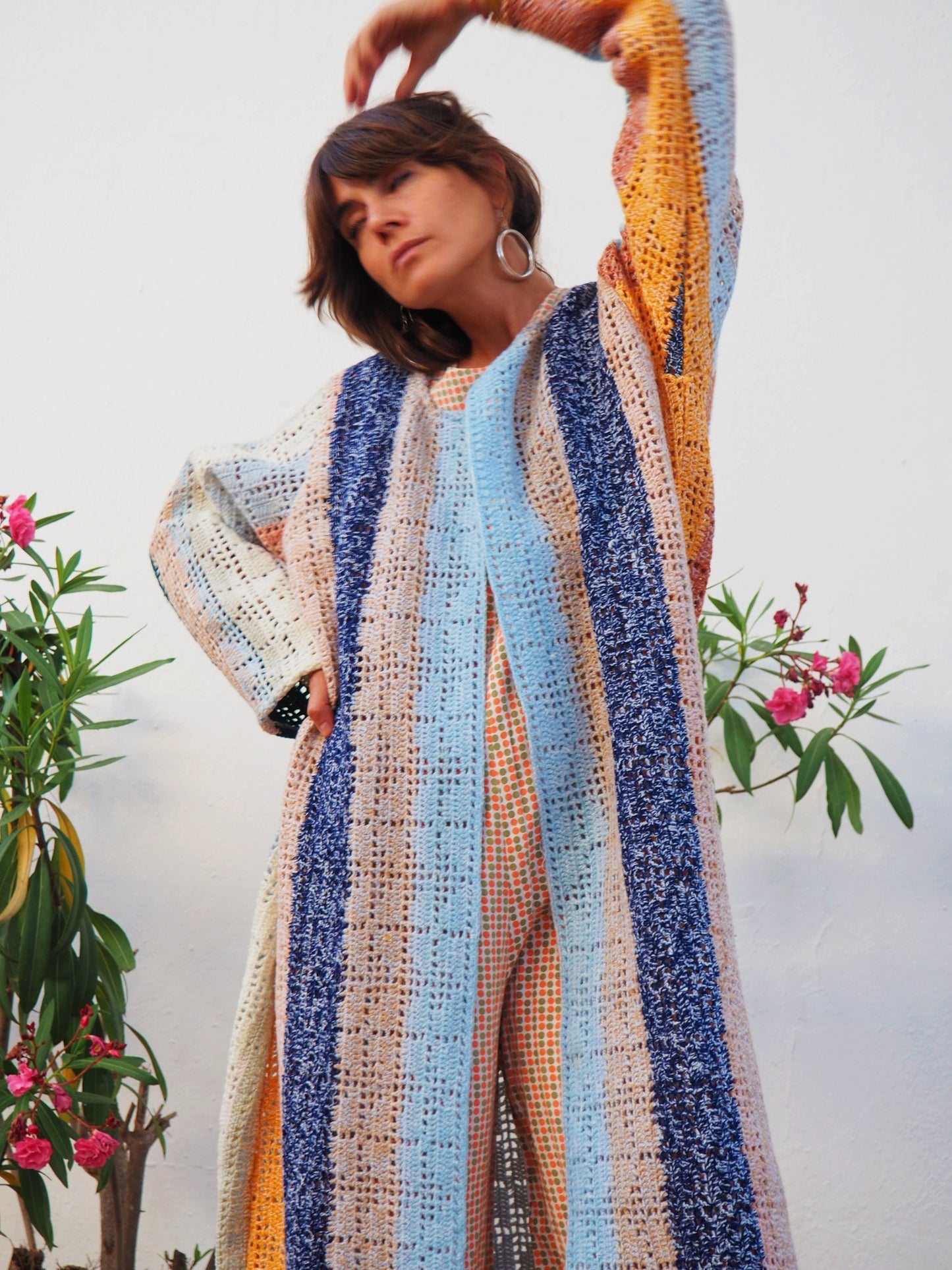 colourful waistcoat, Vintage Crochet Jacket, up cycled jacket , handmade jacket, striped jacket , vintage jacket, 1970s jacket , long waistcoat, slow fashion , sustainable fashion, vintage shop, ibiza vintage shop, ibiza style, bohemian jacket, boho jacket, colourful jacket, festival jacket, hippie style, 70s clothing, original vintage, recycled fashion brand, sustainable fashion brand, slow fashion brand, rainbow fashion, knitted jacket, woven jacket, winter jacket