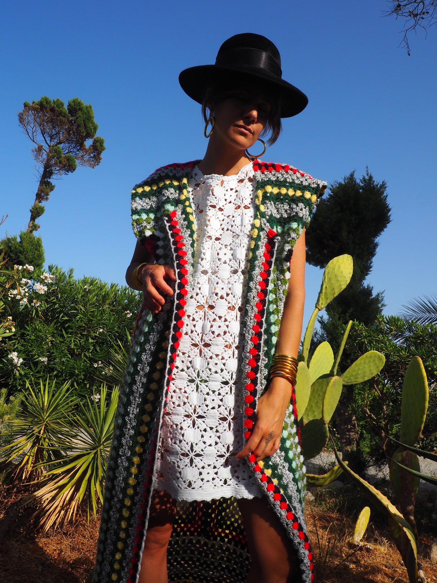 colourful waistcoat, Vintage Crochet Jacket, up cycled jacket , handmade jacket, striped jacket , vintage jacket, 1970s jacket , long waistcoat, slow fashion , sustainable fashion, vintage shop, ibiza vintage shop, ibiza style, bohemian jacket, boho jacket, colourful jacket, festival jacket, hippie style, 70s clothing, original vintage, recycled fashion brand, sustainable fashion brand, slow fashion brand, rainbow fashion, knitted jacket, woven jacket, winter jacket