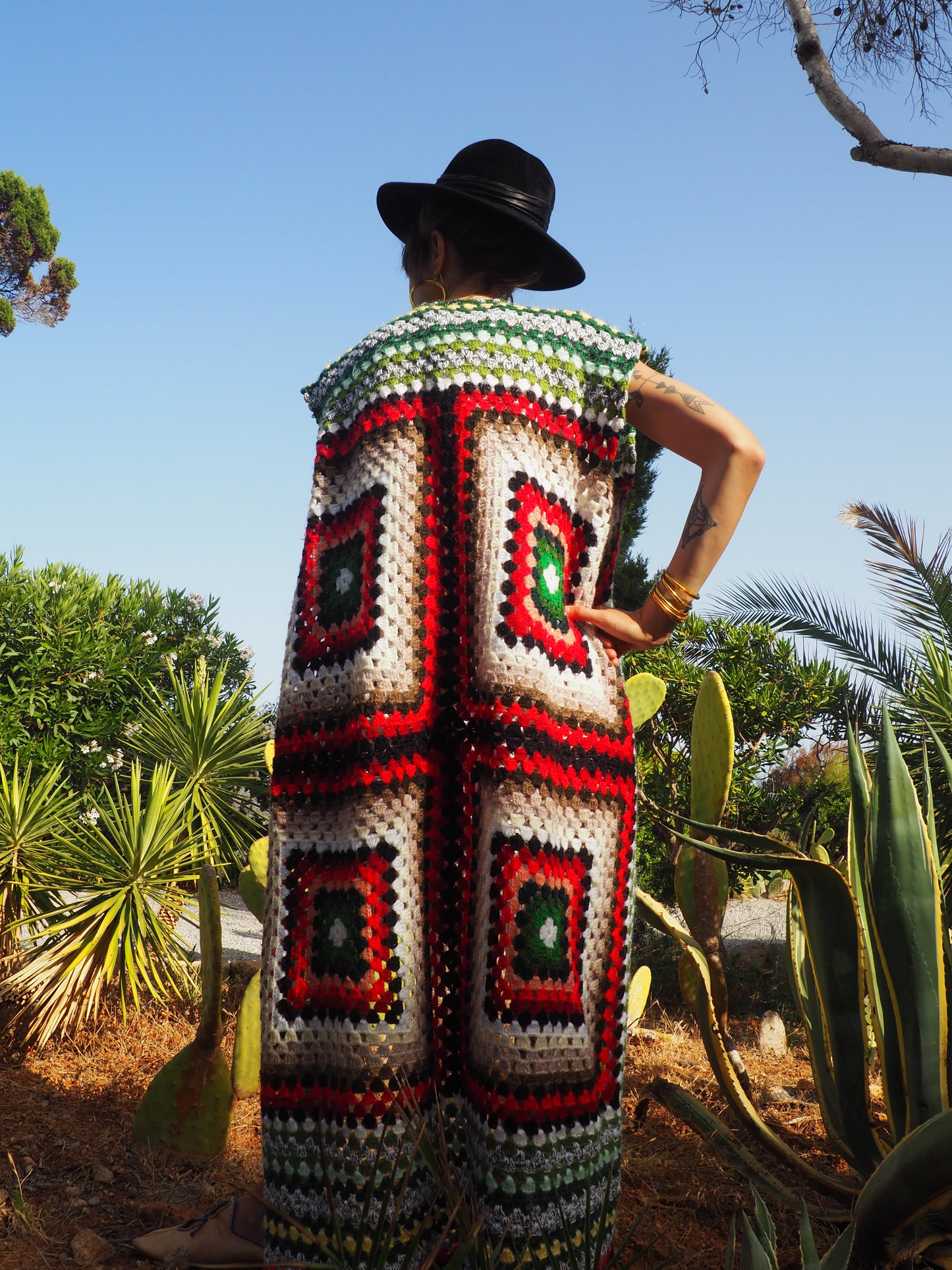 colourful waistcoat, Vintage Crochet Jacket, up cycled jacket , handmade jacket, striped jacket , vintage jacket, 1970s jacket , long waistcoat, slow fashion , sustainable fashion, vintage shop, ibiza vintage shop, ibiza style, bohemian jacket, boho jacket, colourful jacket, festival jacket, hippie style, 70s clothing, original vintage, recycled fashion brand, sustainable fashion brand, slow fashion brand, rainbow fashion, knitted jacket, woven jacket, winter jacket