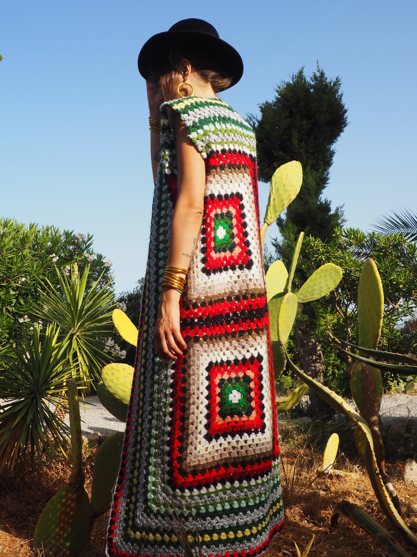 colourful waistcoat, Vintage Crochet Jacket, up cycled jacket , handmade jacket, striped jacket , vintage jacket, 1970s jacket , long waistcoat, slow fashion , sustainable fashion, vintage shop, ibiza vintage shop, ibiza style, bohemian jacket, boho jacket, colourful jacket, festival jacket, hippie style, 70s clothing, original vintage, recycled fashion brand, sustainable fashion brand, slow fashion brand, rainbow fashion, knitted jacket, woven jacket, winter jacket