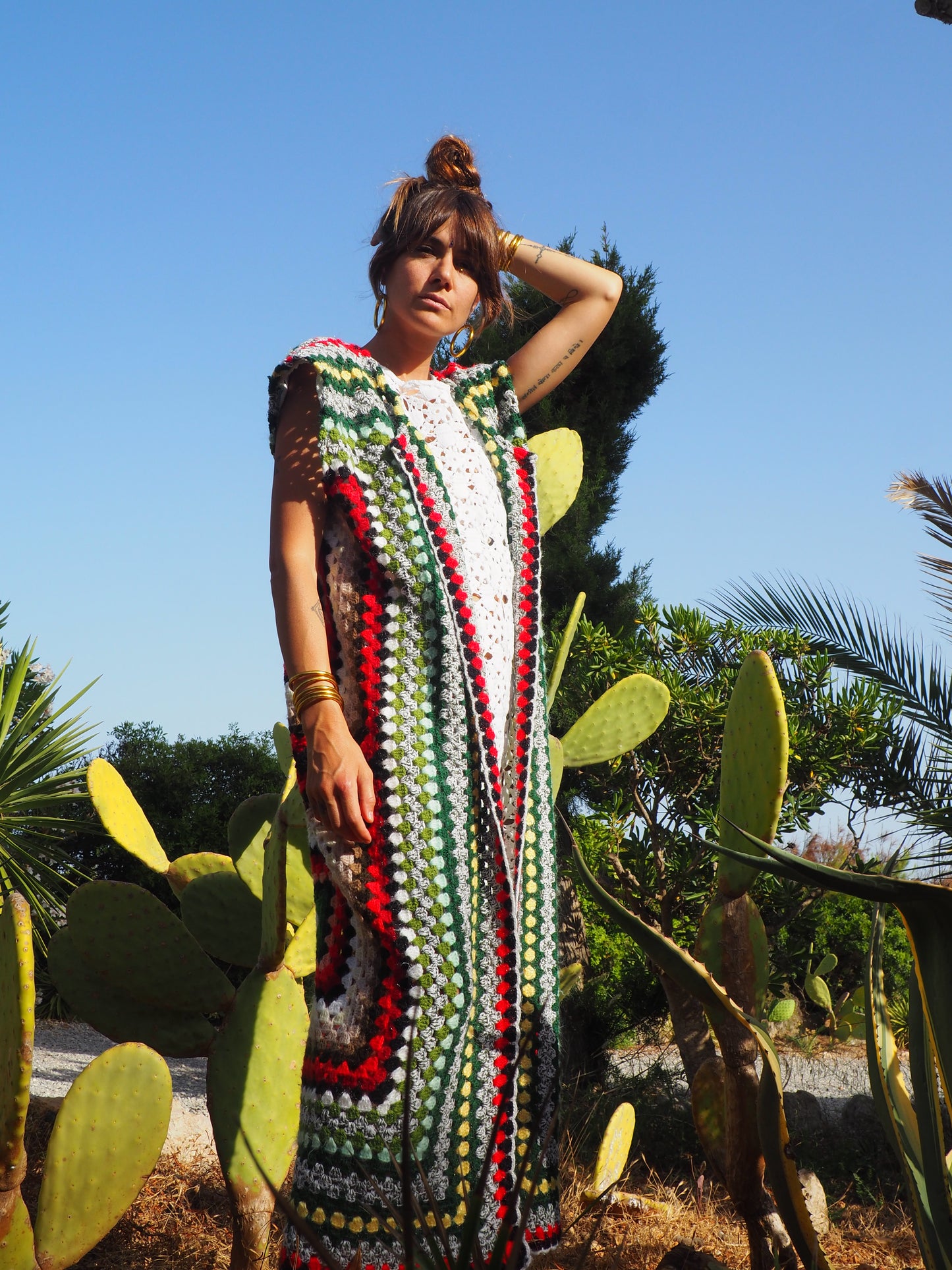 colourful waistcoat, Vintage Crochet Jacket, up cycled jacket , handmade jacket, striped jacket , vintage jacket, 1970s jacket , long waistcoat, slow fashion , sustainable fashion, vintage shop, ibiza vintage shop, ibiza style, bohemian jacket, boho jacket, colourful jacket, festival jacket, hippie style, 70s clothing, original vintage, recycled fashion brand, sustainable fashion brand, slow fashion brand, rainbow fashion, knitted jacket, woven jacket, winter jacket
