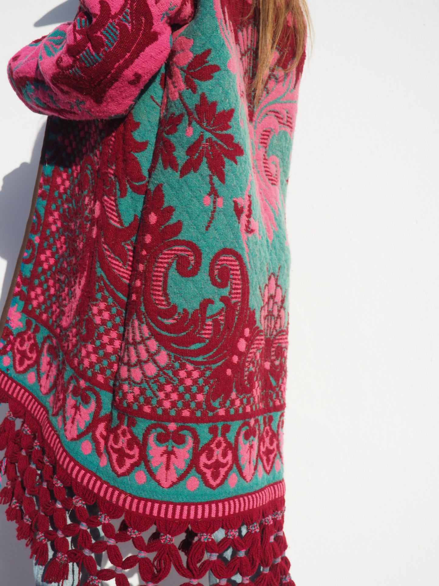Amazing vintage woven tapestry jacket with insane oversize tassel trim up-cycled by Vagabond Ibiza
