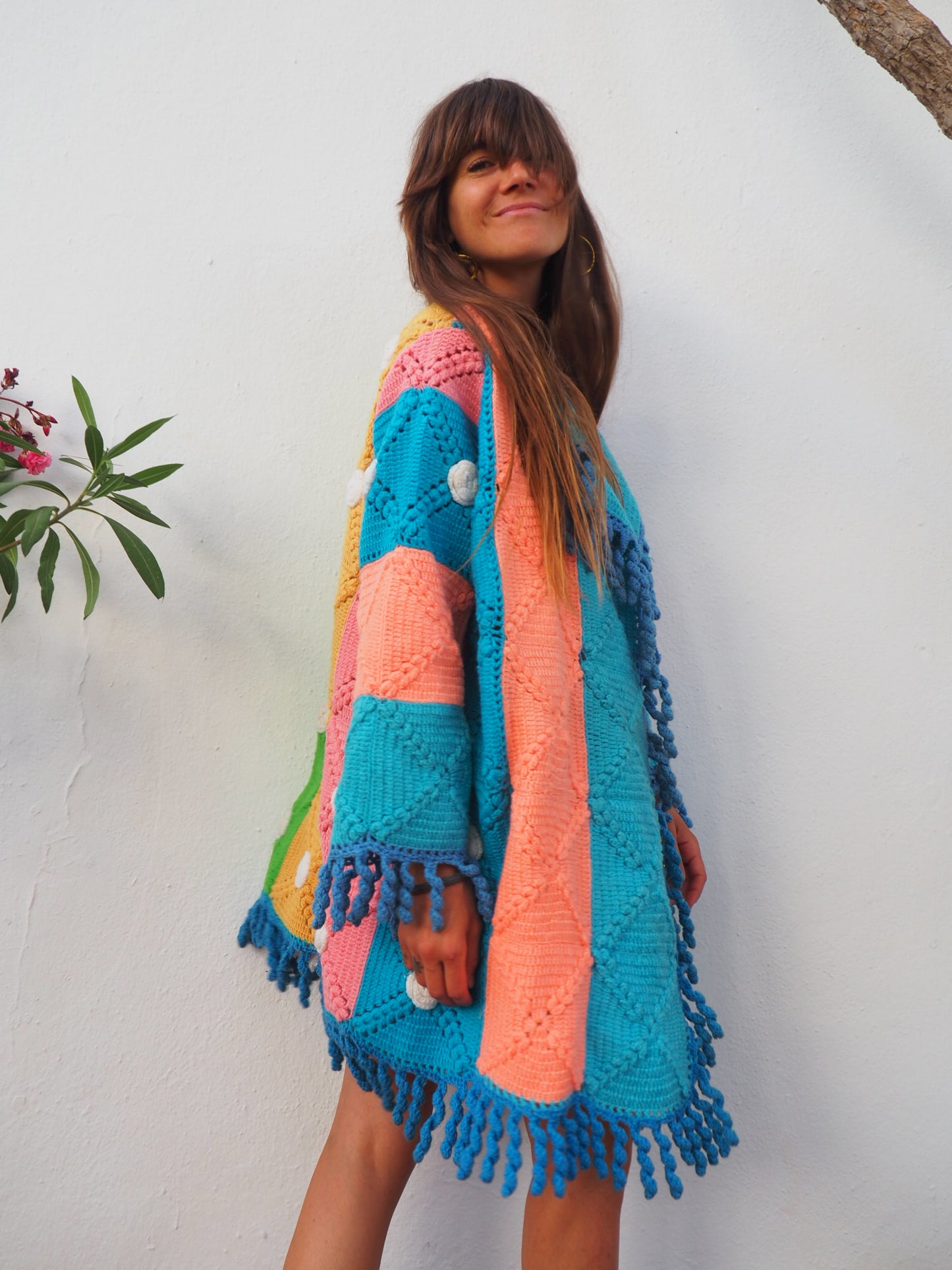 colourful waistcoat, Vintage Crochet Jacket, up cycled jacket , handmade jacket, striped jacket , vintage jacket, 1970s jacket , long waistcoat, slow fashion , sustainable fashion, vintage shop, ibiza vintage shop, ibiza style, bohemian jacket, boho jacket, colourful jacket, festival jacket, hippie style, 70s clothing, original vintage, recycled fashion brand, sustainable fashion brand, slow fashion brand, rainbow fashion, knitted jacket, woven jacket, winter jacket