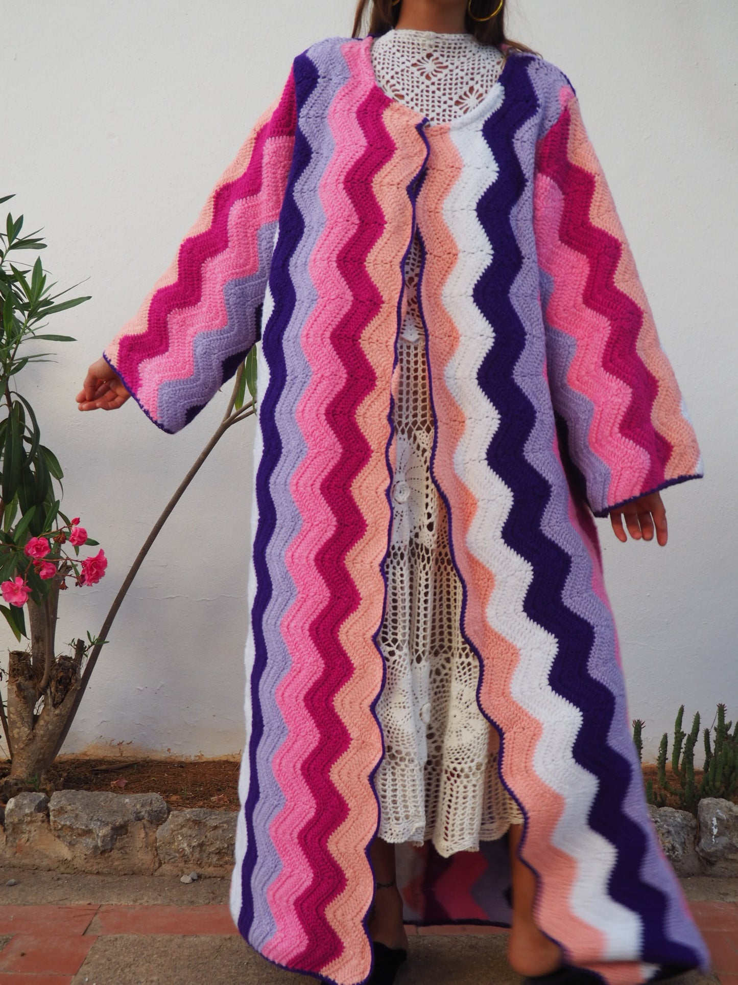 colourful waistcoat, Vintage Crochet Jacket, up cycled jacket , handmade jacket, striped jacket , vintage jacket, 1970s jacket , long waistcoat, slow fashion , sustainable fashion, vintage shop, ibiza vintage shop, ibiza style, bohemian jacket, boho jacket, colourful jacket, festival jacket, hippie style, 70s clothing, original vintage, recycled fashion brand, sustainable fashion brand, slow fashion brand, rainbow fashion, knitted jacket, woven jacket, winter jacket, crochet jumper, vintage fashion,