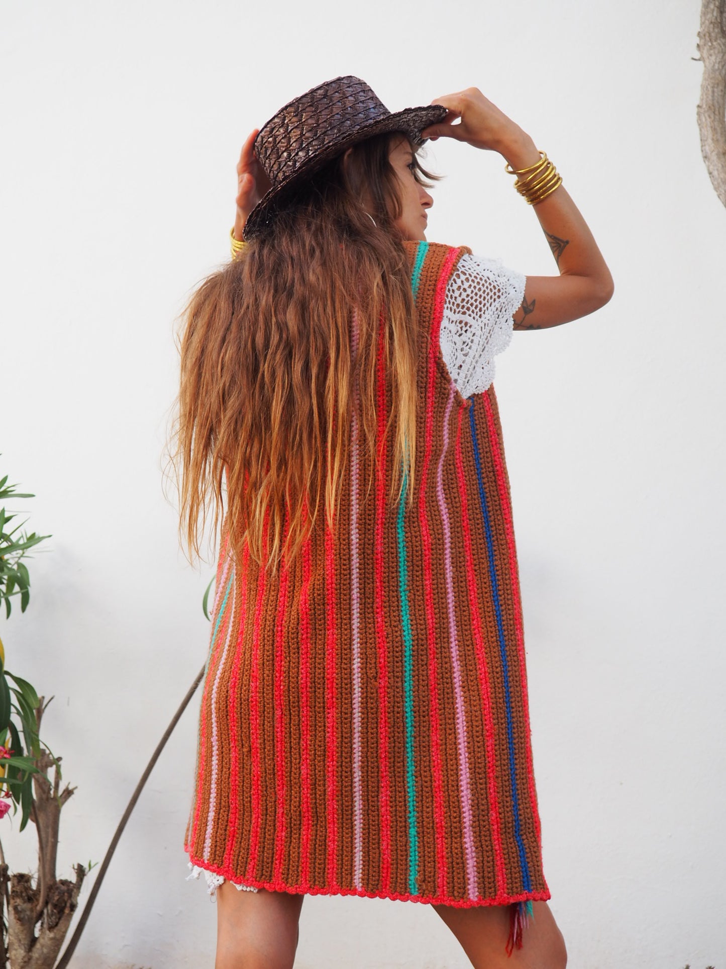 colourful waistcoat, Vintage Crochet Jacket, up cycled jacket , handmade jacket, striped jacket , vintage jacket, 1970s jacket , long waistcoat, slow fashion , sustainable fashion, vintage shop, ibiza vintage shop, ibiza style, bohemian jacket, boho jacket, colourful jacket, festival jacket, hippie style, 70s clothing, original vintage, recycled fashion brand, sustainable fashion brand, slow fashion brand, rainbow fashion, knitted jacket, woven jacket, winter jacket, crochet jumper, vintage fashion,