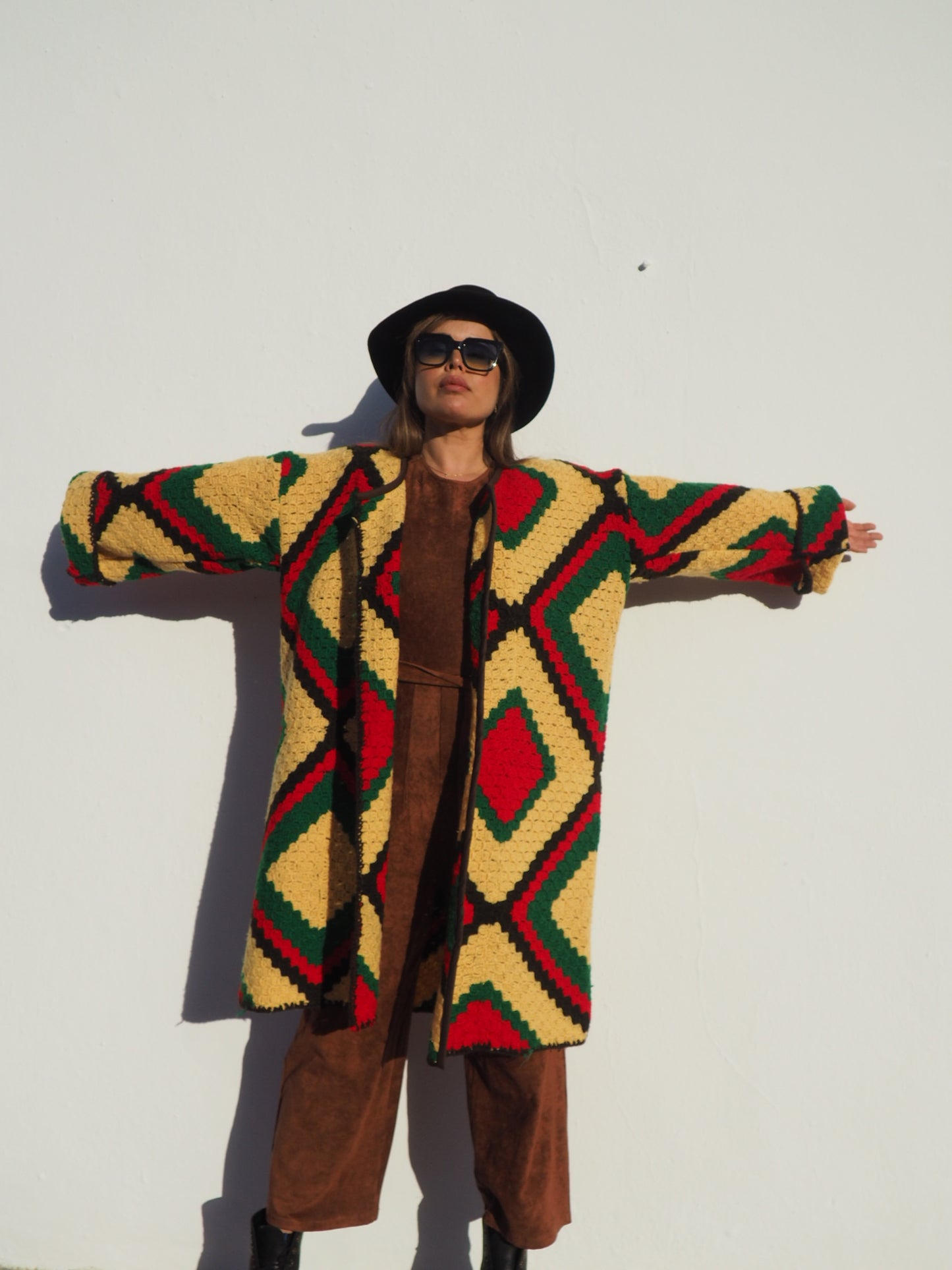Vintage handmade crochet textiles in yellow green and brown up-cycled jacket by Vagabond Ibiza.