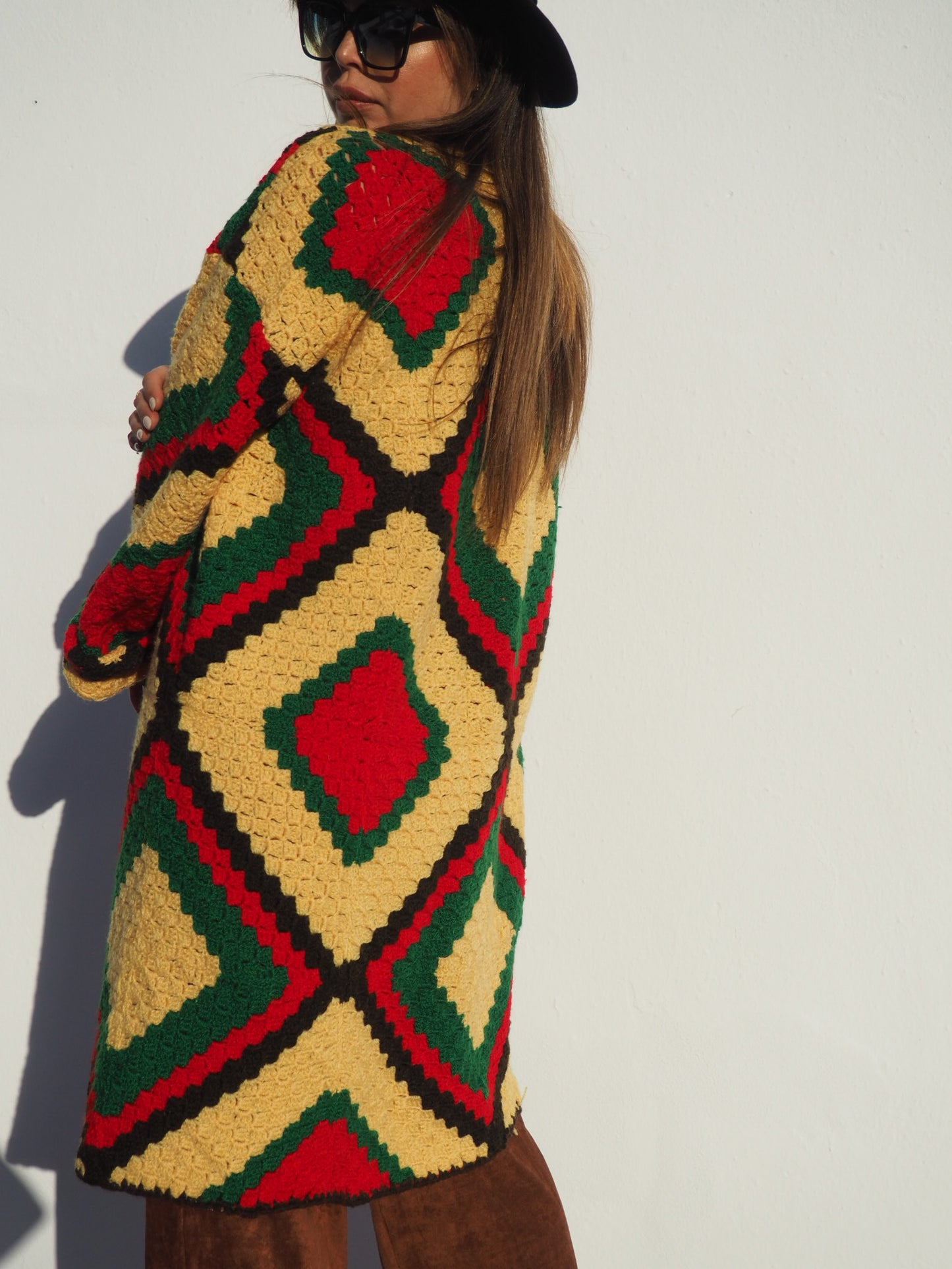 Vintage handmade crochet textiles in yellow green and brown up-cycled jacket by Vagabond Ibiza.
