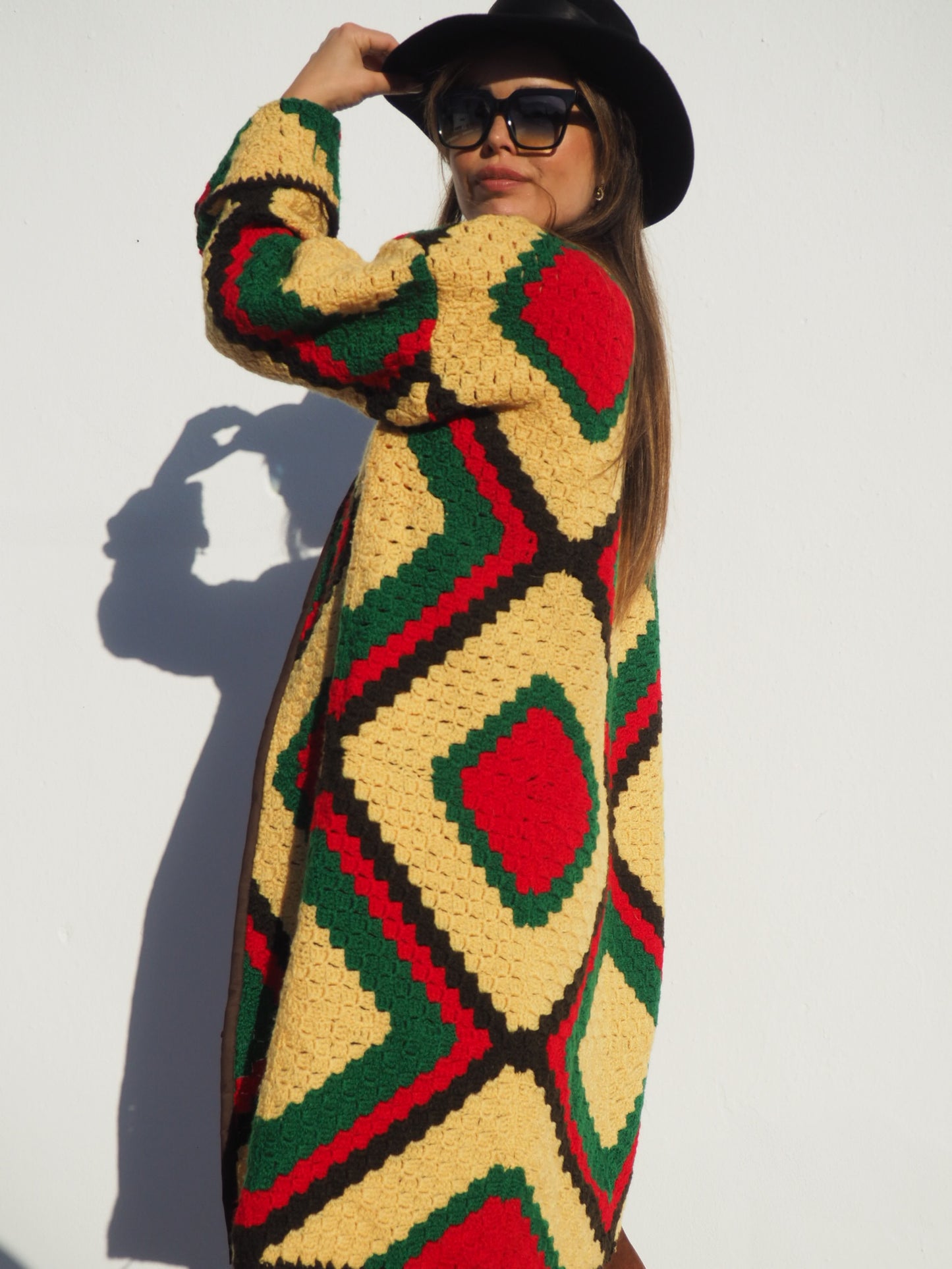 Vintage handmade crochet textiles in yellow green and brown up-cycled jacket by Vagabond Ibiza.