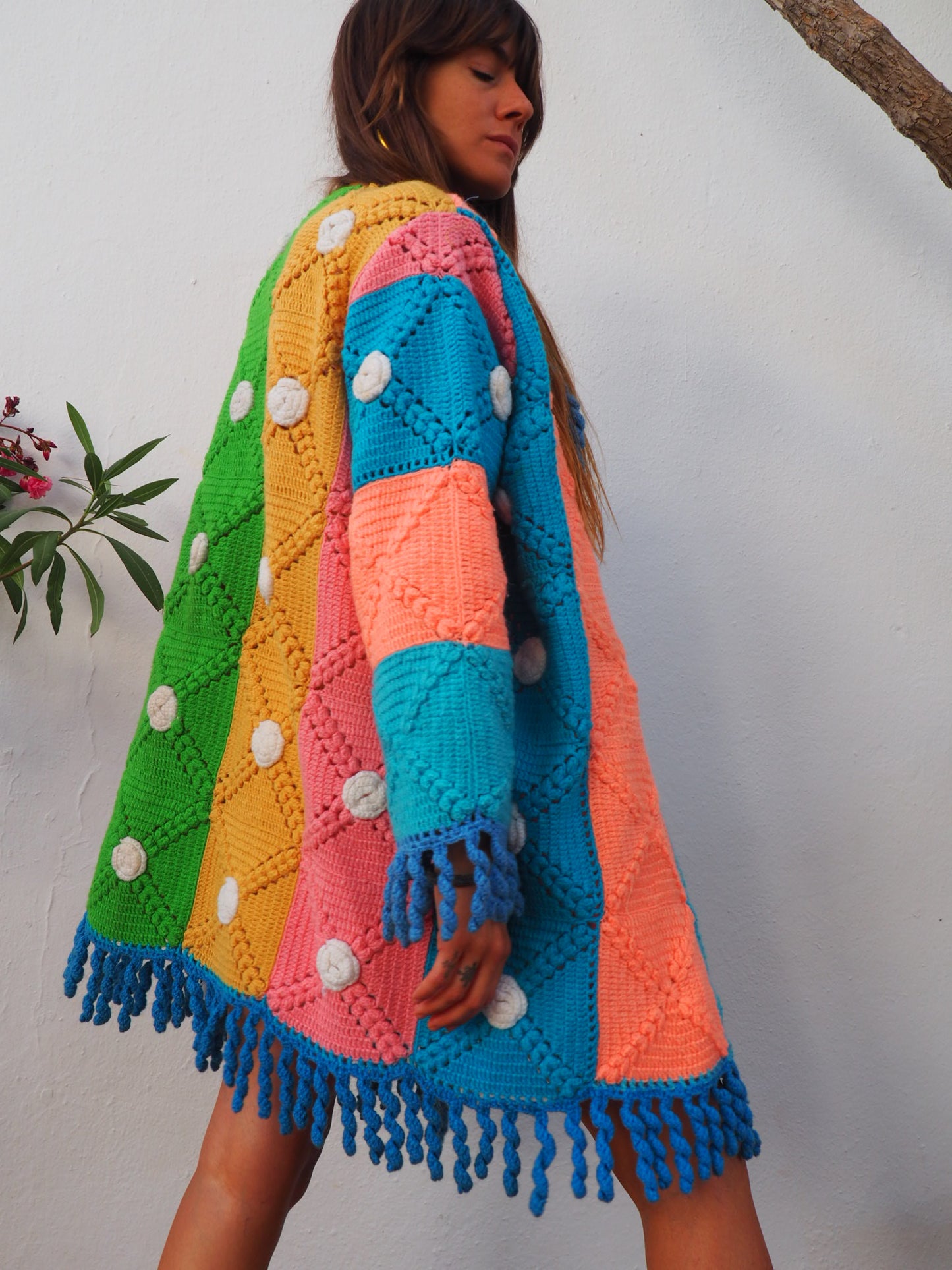 colourful waistcoat, Vintage Crochet Jacket, up cycled jacket , handmade jacket, striped jacket , vintage jacket, 1970s jacket , long waistcoat, slow fashion , sustainable fashion, vintage shop, ibiza vintage shop, ibiza style, bohemian jacket, boho jacket, colourful jacket, festival jacket, hippie style, 70s clothing, original vintage, recycled fashion brand, sustainable fashion brand, slow fashion brand, rainbow fashion, knitted jacket, woven jacket, winter jacket