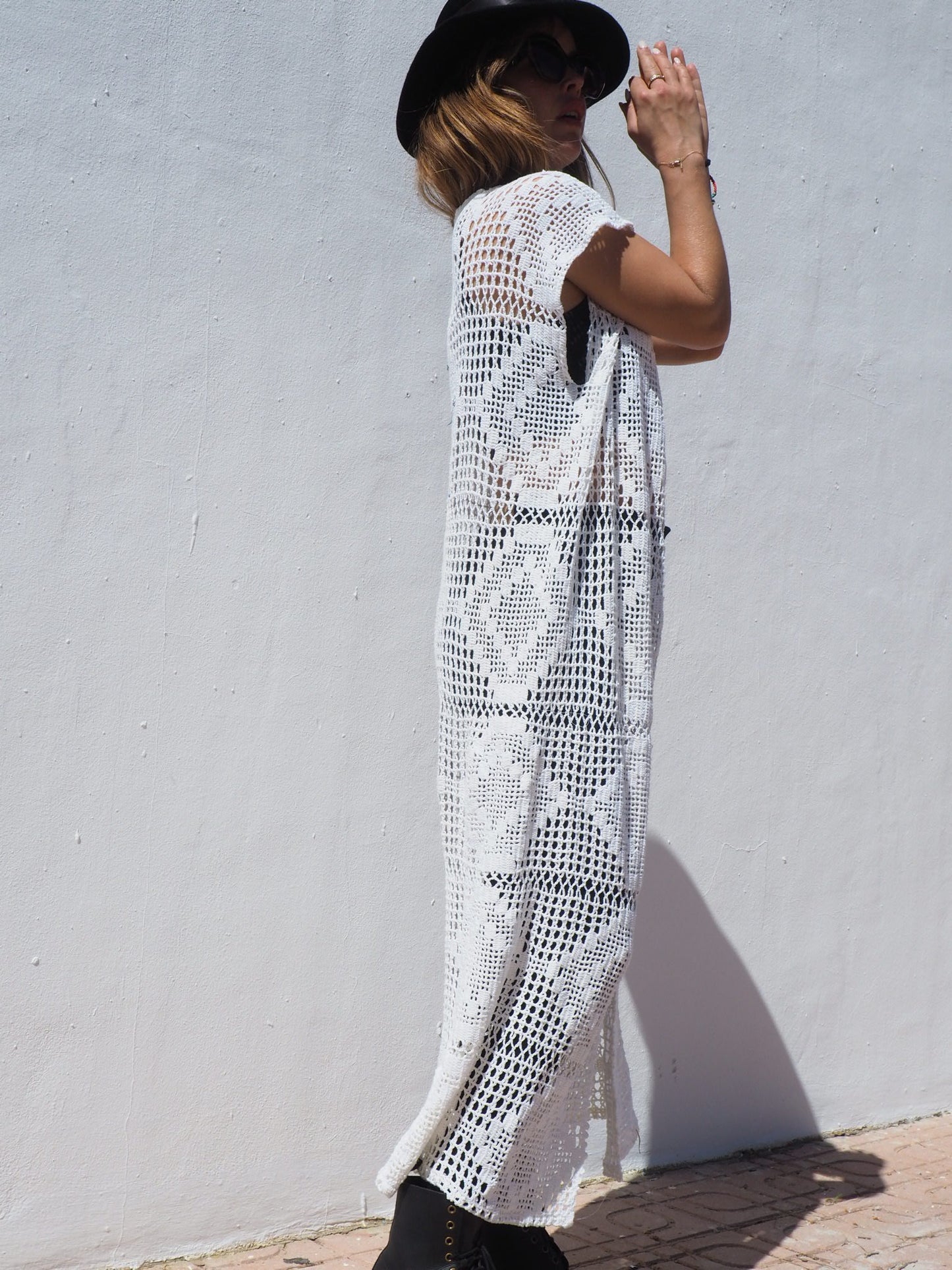 Vintage 1970’s crochet long white up-cycled waistcoat made by Vagabond Ibiza.