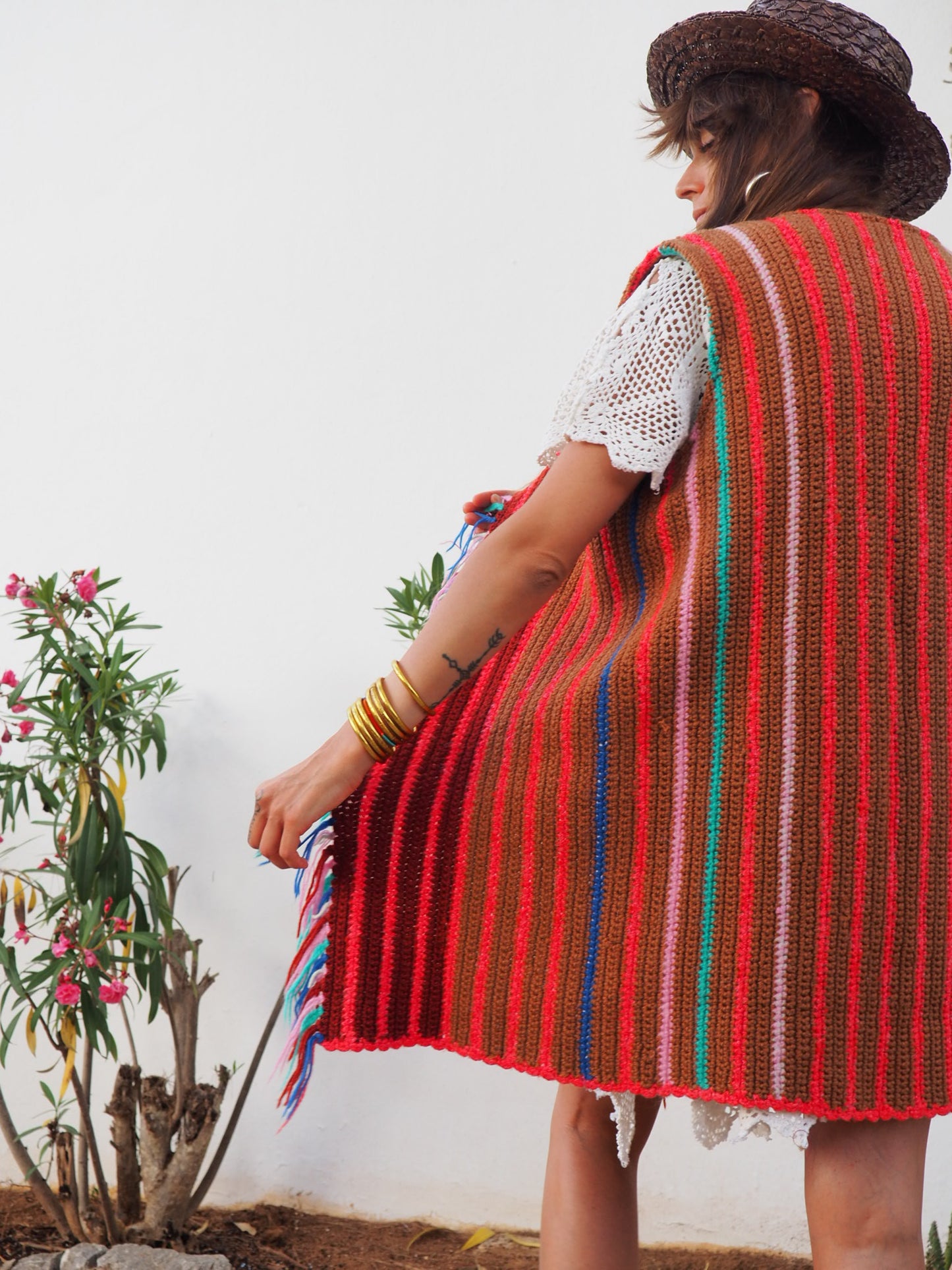 colourful waistcoat, Vintage Crochet Jacket, up cycled jacket , handmade jacket, striped jacket , vintage jacket, 1970s jacket , long waistcoat, slow fashion , sustainable fashion, vintage shop, ibiza vintage shop, ibiza style, bohemian jacket, boho jacket, colourful jacket, festival jacket, hippie style, 70s clothing, original vintage, recycled fashion brand, sustainable fashion brand, slow fashion brand, rainbow fashion, knitted jacket, woven jacket, winter jacket, crochet jumper, vintage fashion,