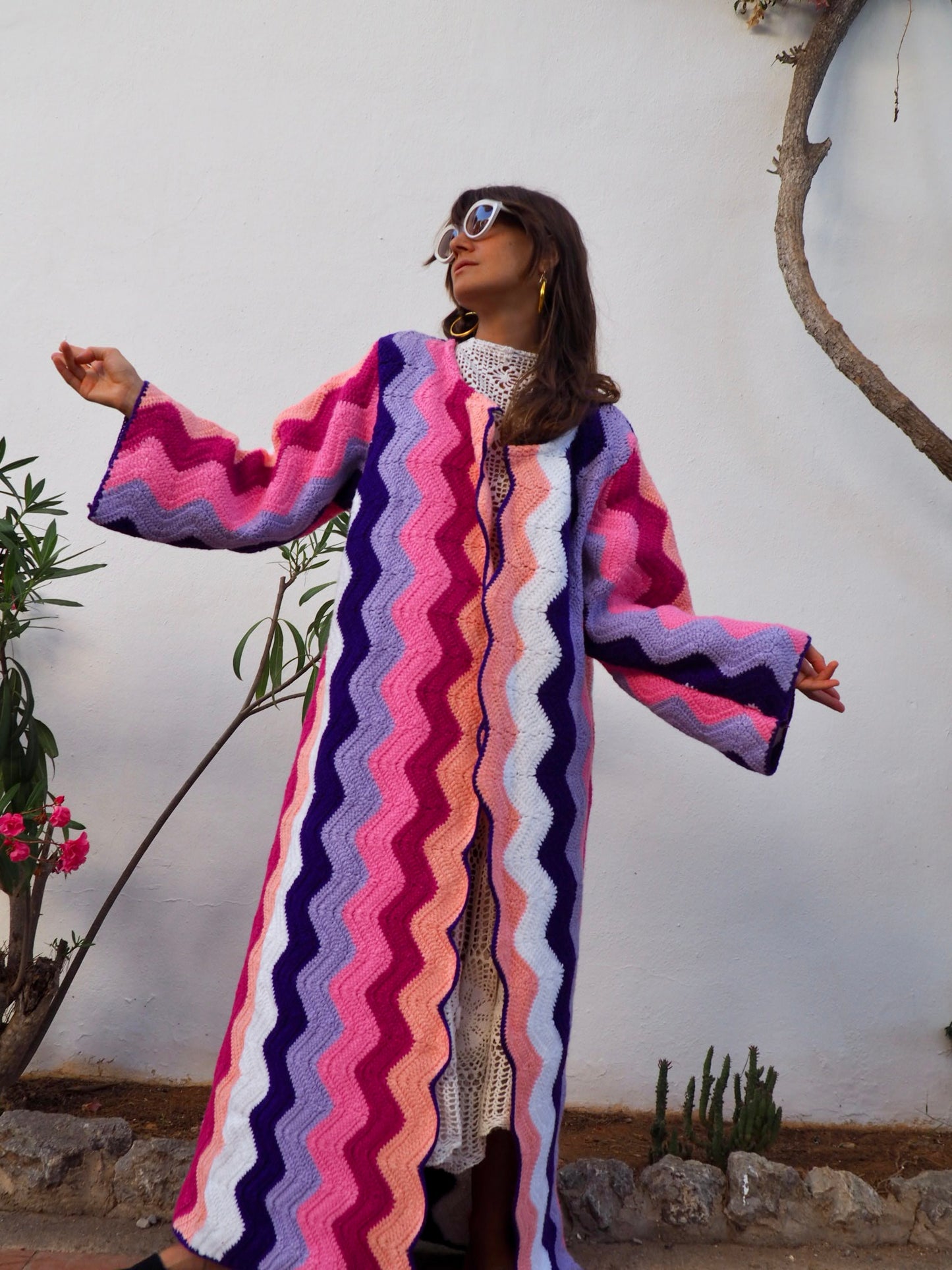 colourful waistcoat, Vintage Crochet Jacket, up cycled jacket , handmade jacket, striped jacket , vintage jacket, 1970s jacket , long waistcoat, slow fashion , sustainable fashion, vintage shop, ibiza vintage shop, ibiza style, bohemian jacket, boho jacket, colourful jacket, festival jacket, hippie style, 70s clothing, original vintage, recycled fashion brand, sustainable fashion brand, slow fashion brand, rainbow fashion, knitted jacket, woven jacket, winter jacket, crochet jumper, vintage fashion,