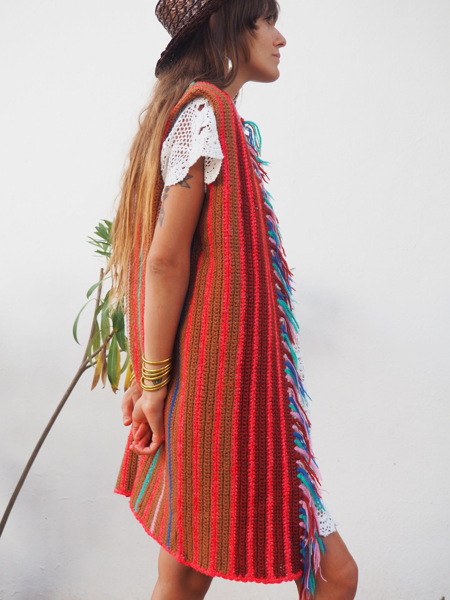 colourful waistcoat, Vintage Crochet Jacket, up cycled jacket , handmade jacket, striped jacket , vintage jacket, 1970s jacket , long waistcoat, slow fashion , sustainable fashion, vintage shop, ibiza vintage shop, ibiza style, bohemian jacket, boho jacket, colourful jacket, festival jacket, hippie style, 70s clothing, original vintage, recycled fashion brand, sustainable fashion brand, slow fashion brand, rainbow fashion, knitted jacket, woven jacket, winter jacket, crochet jumper, vintage fashion,