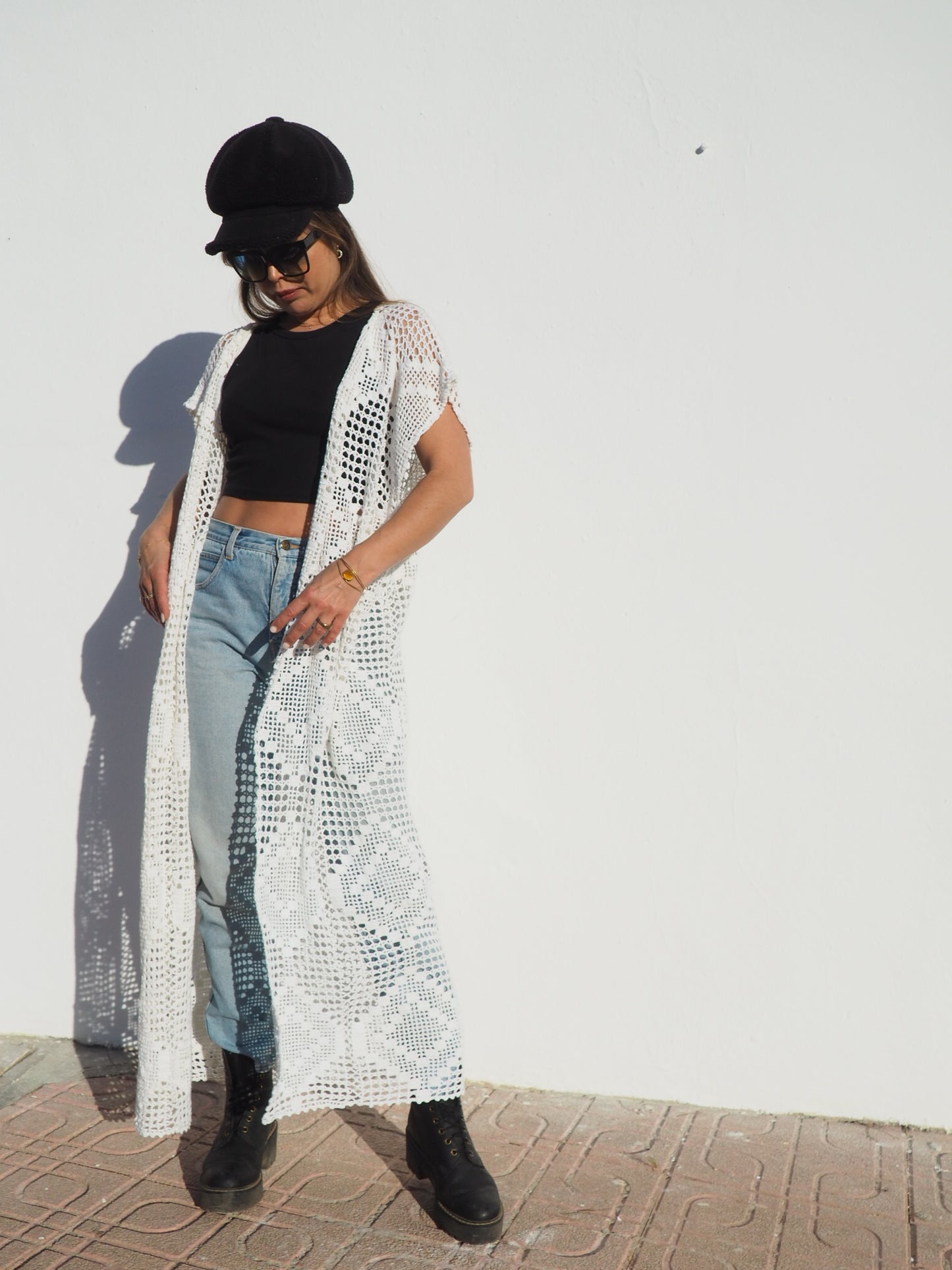 Unique white handmade crochet jacket up-cycled by vagabond ibiza
