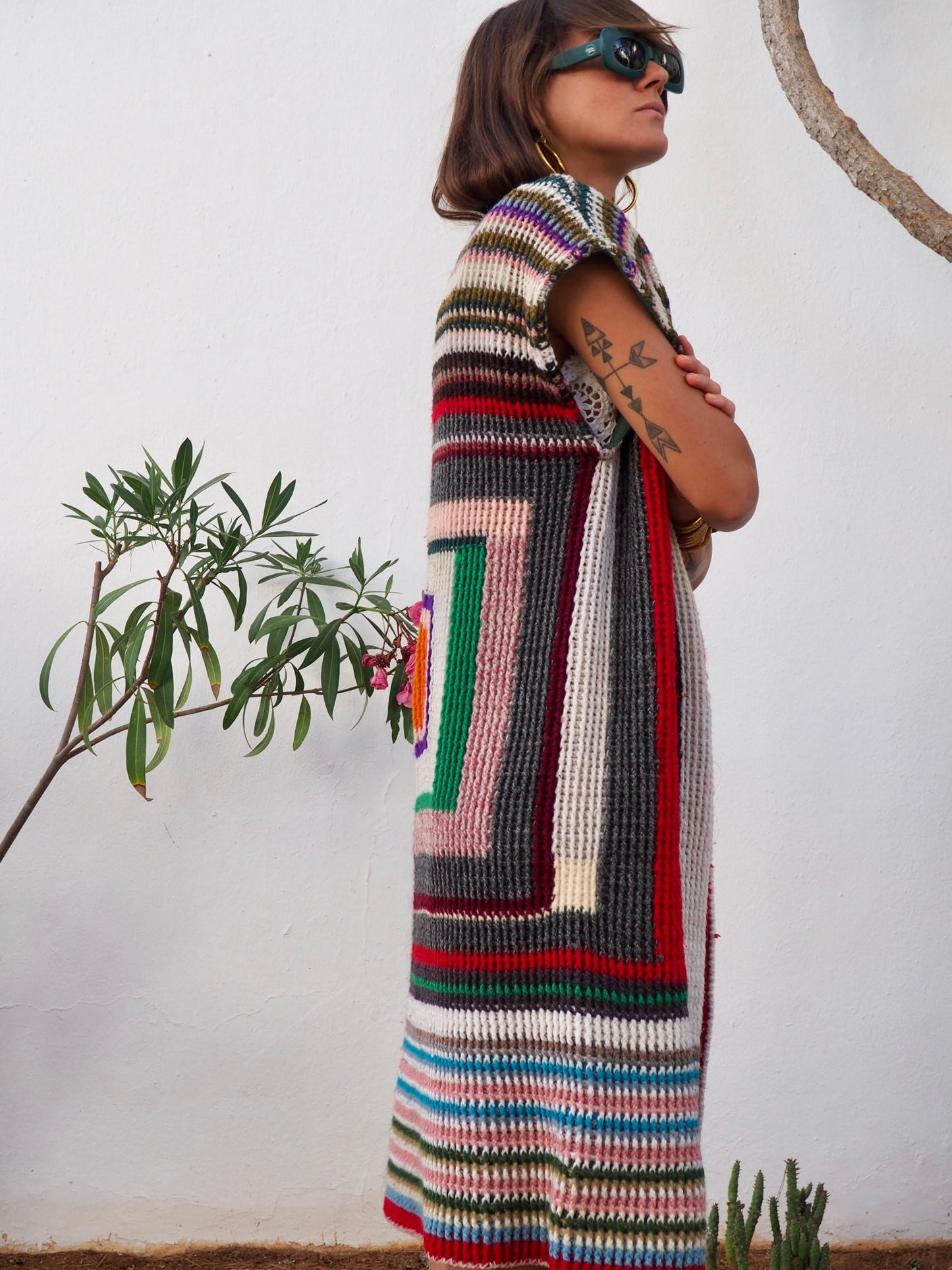 colourful waistcoat, Vintage Crochet Jacket, up cycled jacket , handmade jacket, striped jacket , vintage jacket, 1970s jacket , long waistcoat, slow fashion , sustainable fashion, vintage shop, ibiza vintage shop, ibiza style, bohemian jacket, boho jacket, colourful jacket, festival jacket, hippie style, 70s clothing, original vintage, recycled fashion brand, sustainable fashion brand, slow fashion brand, rainbow fashion, knitted jacket, woven jacket, winter jacket, granny crochet, granny squares
