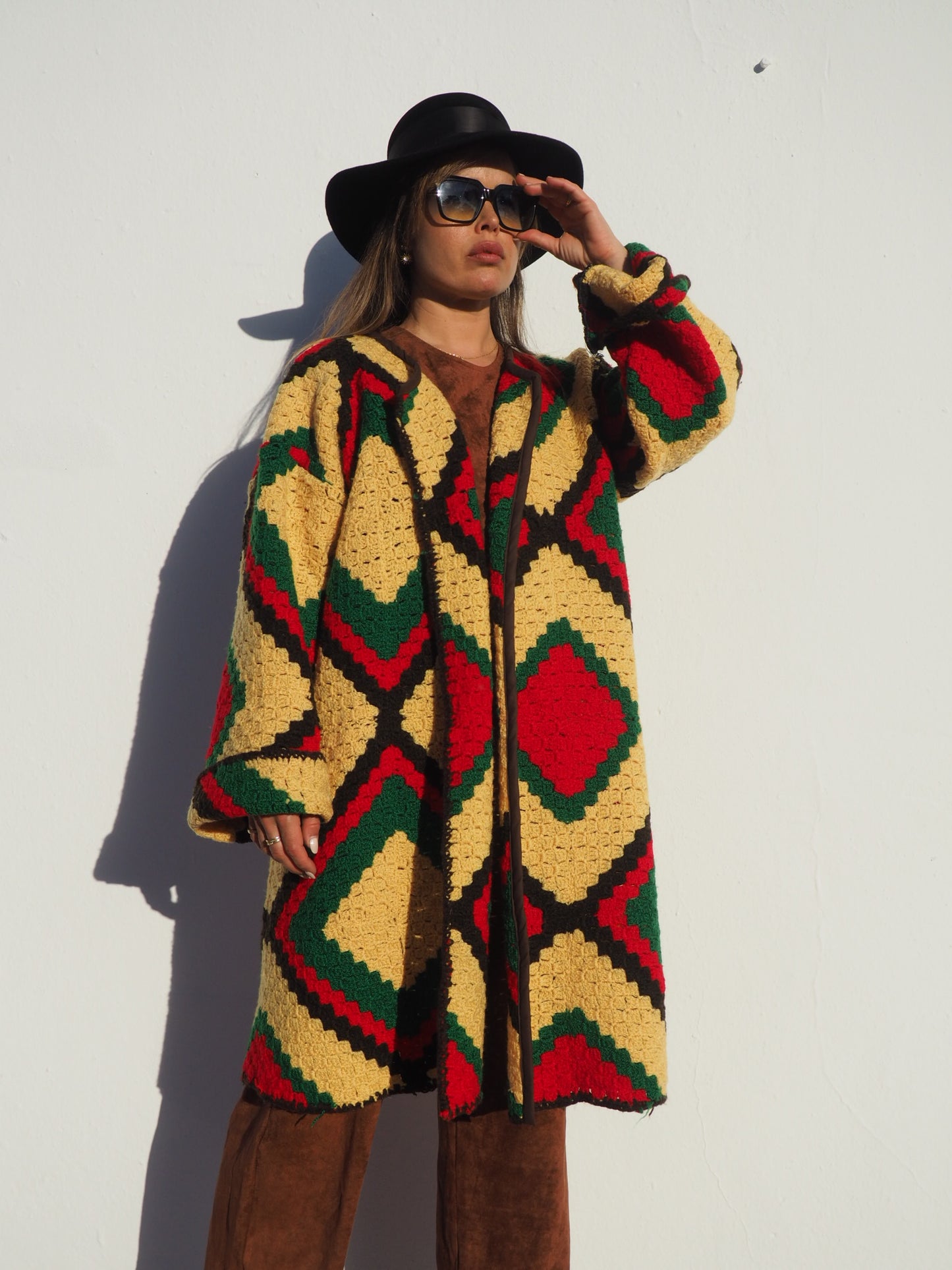 Vintage handmade crochet textiles in yellow green and brown up-cycled jacket by Vagabond Ibiza.