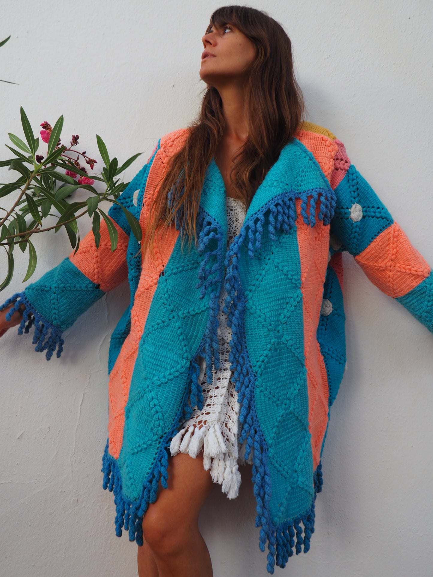 colourful waistcoat, Vintage Crochet Jacket, up cycled jacket , handmade jacket, striped jacket , vintage jacket, 1970s jacket , long waistcoat, slow fashion , sustainable fashion, vintage shop, ibiza vintage shop, ibiza style, bohemian jacket, boho jacket, colourful jacket, festival jacket, hippie style, 70s clothing, original vintage, recycled fashion brand, sustainable fashion brand, slow fashion brand, rainbow fashion, knitted jacket, woven jacket, winter jacket