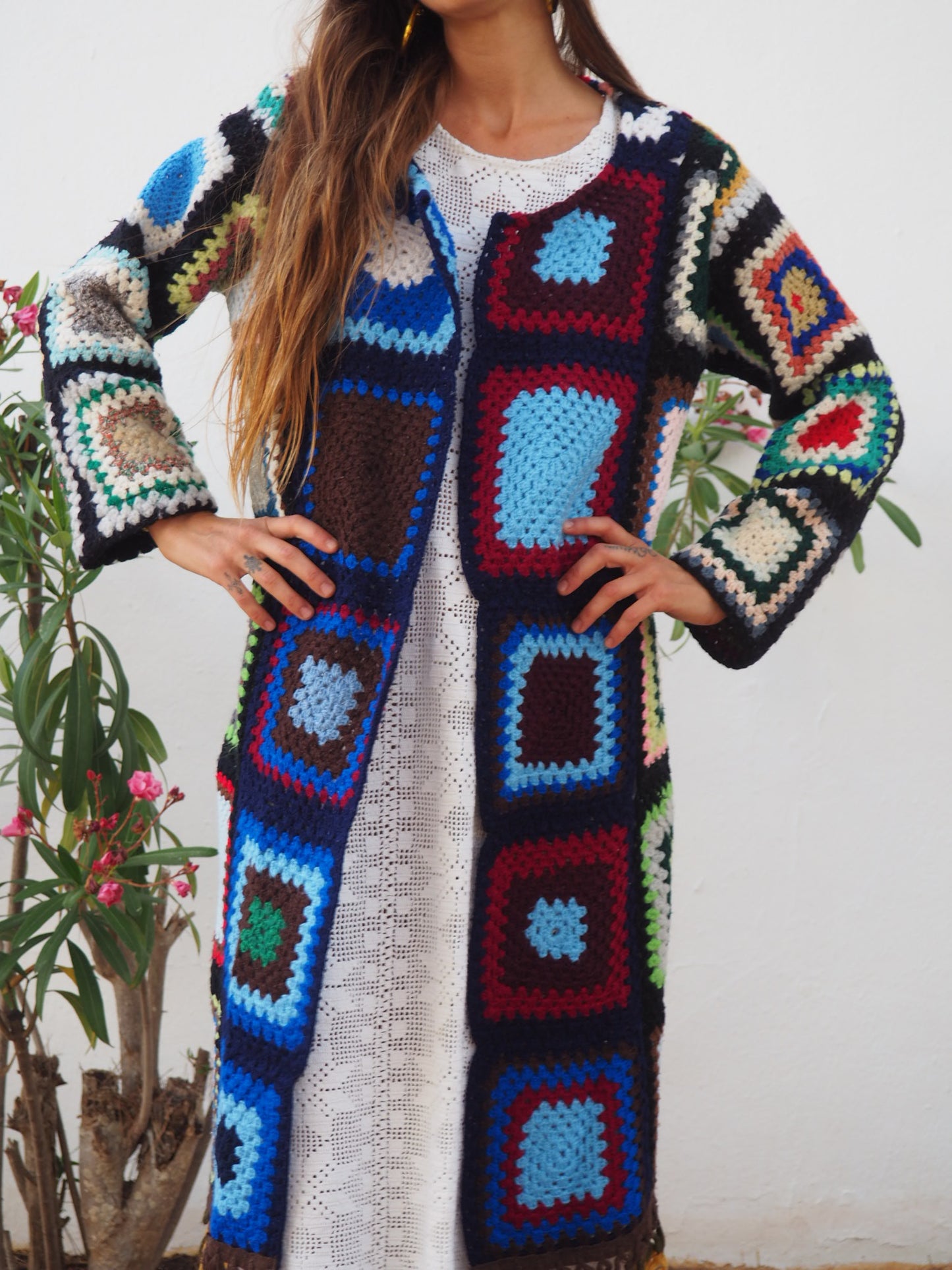 Crochet Up-cycled Jacket,colourful waistcoat, Vintage Crochet Jacket, up cycled jacket , handmade jacket, striped jacket , vintage jacket, 1970s jacket , long waistcoat, slow fashion , sustainable fashion, vintage shop, ibiza vintage shop, ibiza style, bohemian jacket, boho jacket, colourful jacket, festival jacket, hippie style, 70s clothing, original vintage, recycled fashion brand, sustainable fashion brand, slow fashion brand, rainbow fashion, knitted jacket, woven jacket, winter jacket
