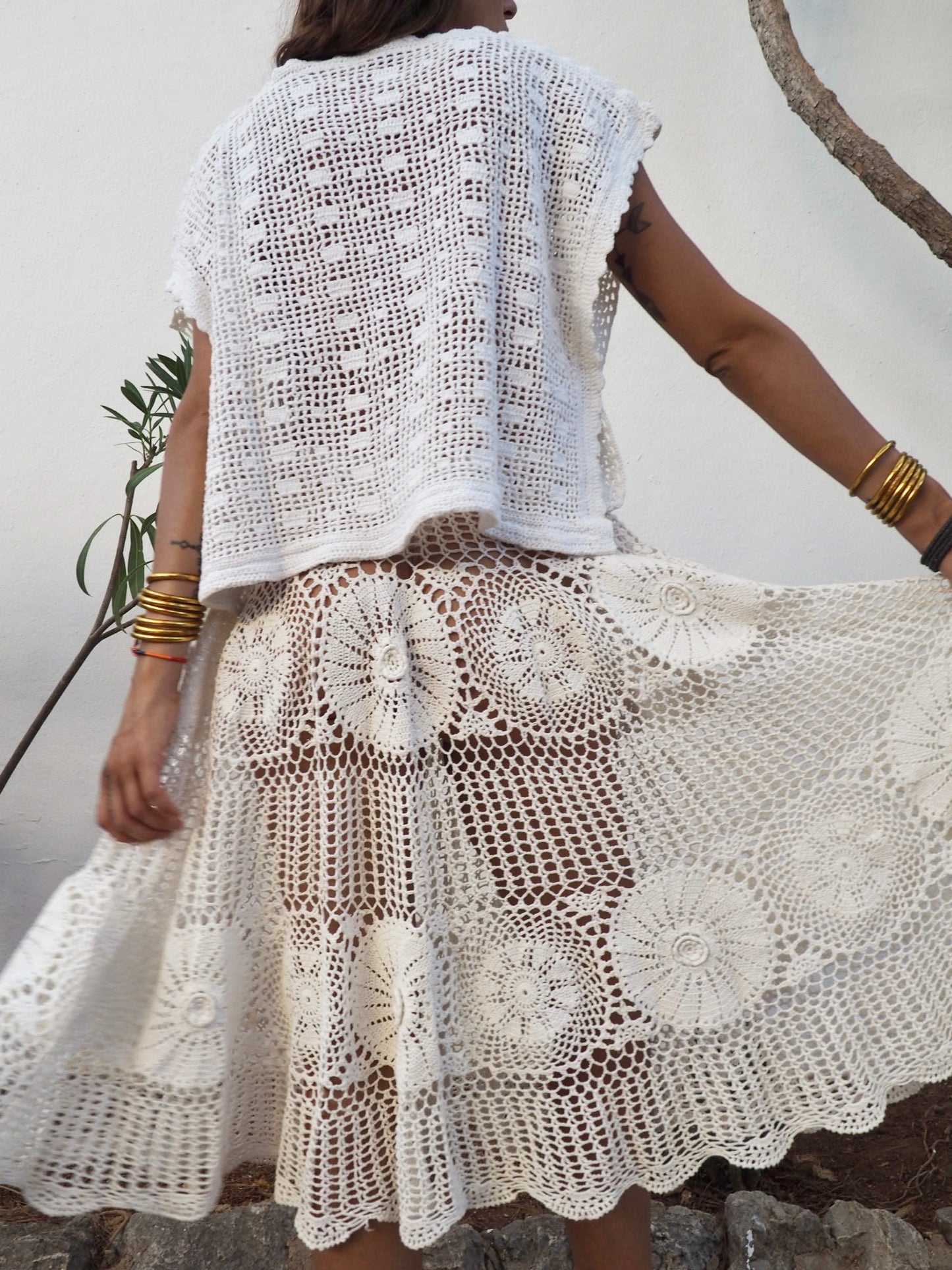 Amazing one off a kind white vintage crochet lace skirt up-cycled by Vagabond Ibiza